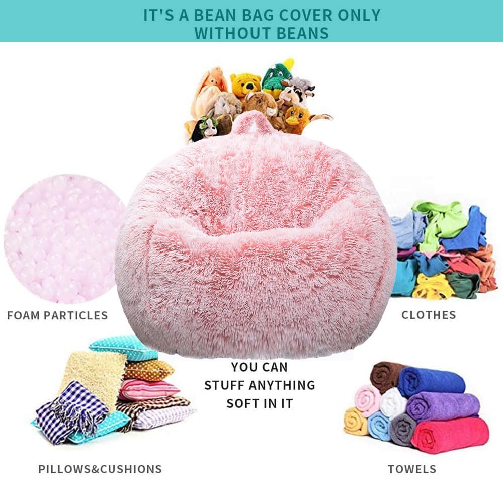 Fluffy Faux Fur Stuffed Animal Storage Bean Bag Chair Cover (No Filler Included) - Dusty Pink Plush Toy Organizer for Kids, Teens & Adults - Perfect for Nursery, Playroom or Dorm Room Decor