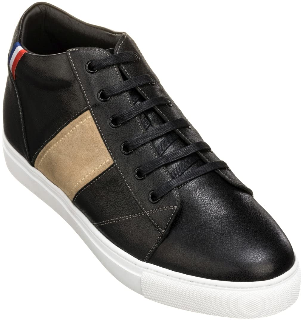 CALTO Men's Invisible Height Increasing Elevator Shoes - Black Leather Midtop Lace-up Casual Sneakers - 2.8 Inches Hidden Lift - Size 6 D(M) US - Perfect for Work, Dating & Formal Occasions