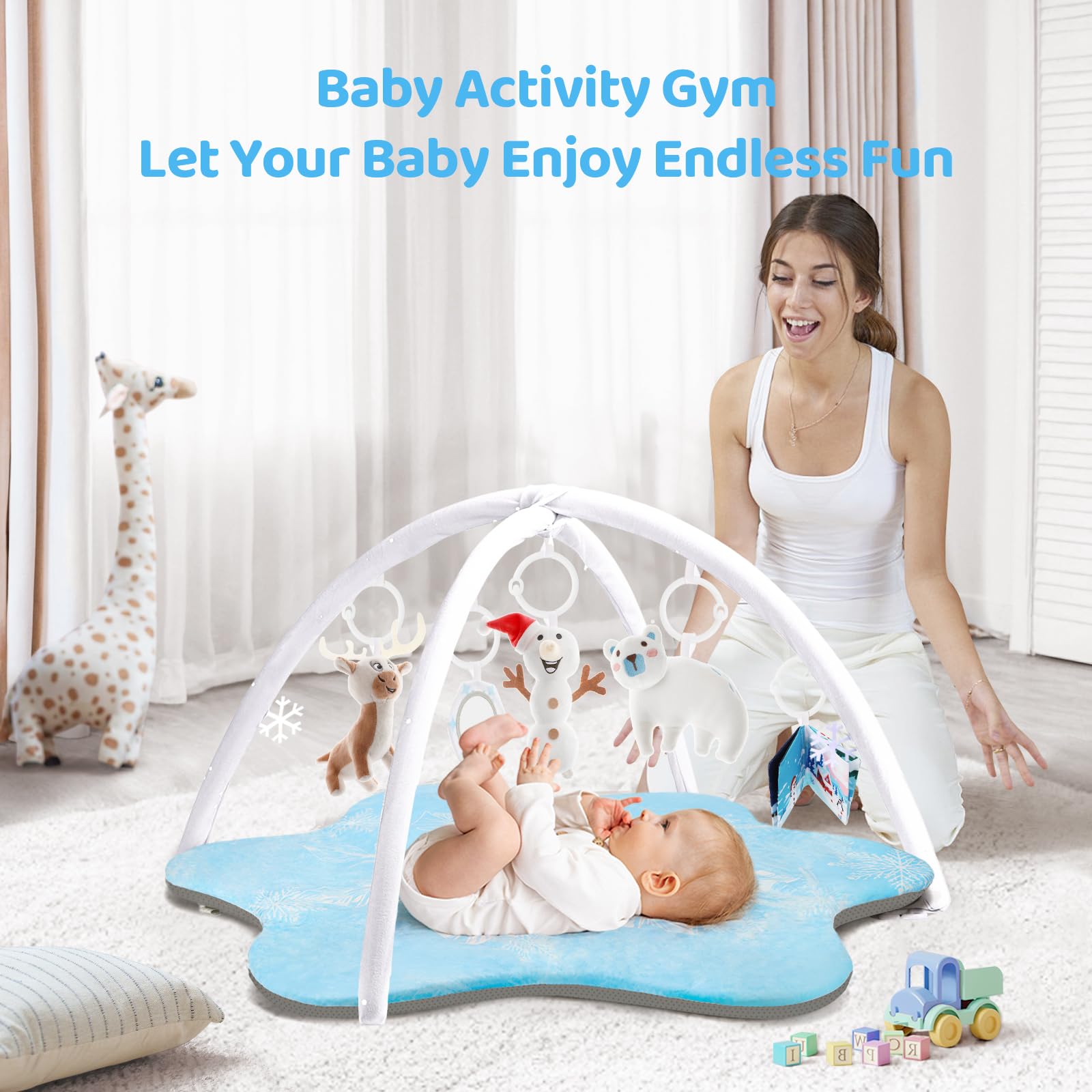 BNAKKON Baby Play Gym Mat - Extra Thick & Soft Activity Mat for Infants 0-18 Months | 5 Detachable Sensory Toys for Tummy Time & Motor Skill Development | Perfect for Nursery, Daycare & Playtime (White)