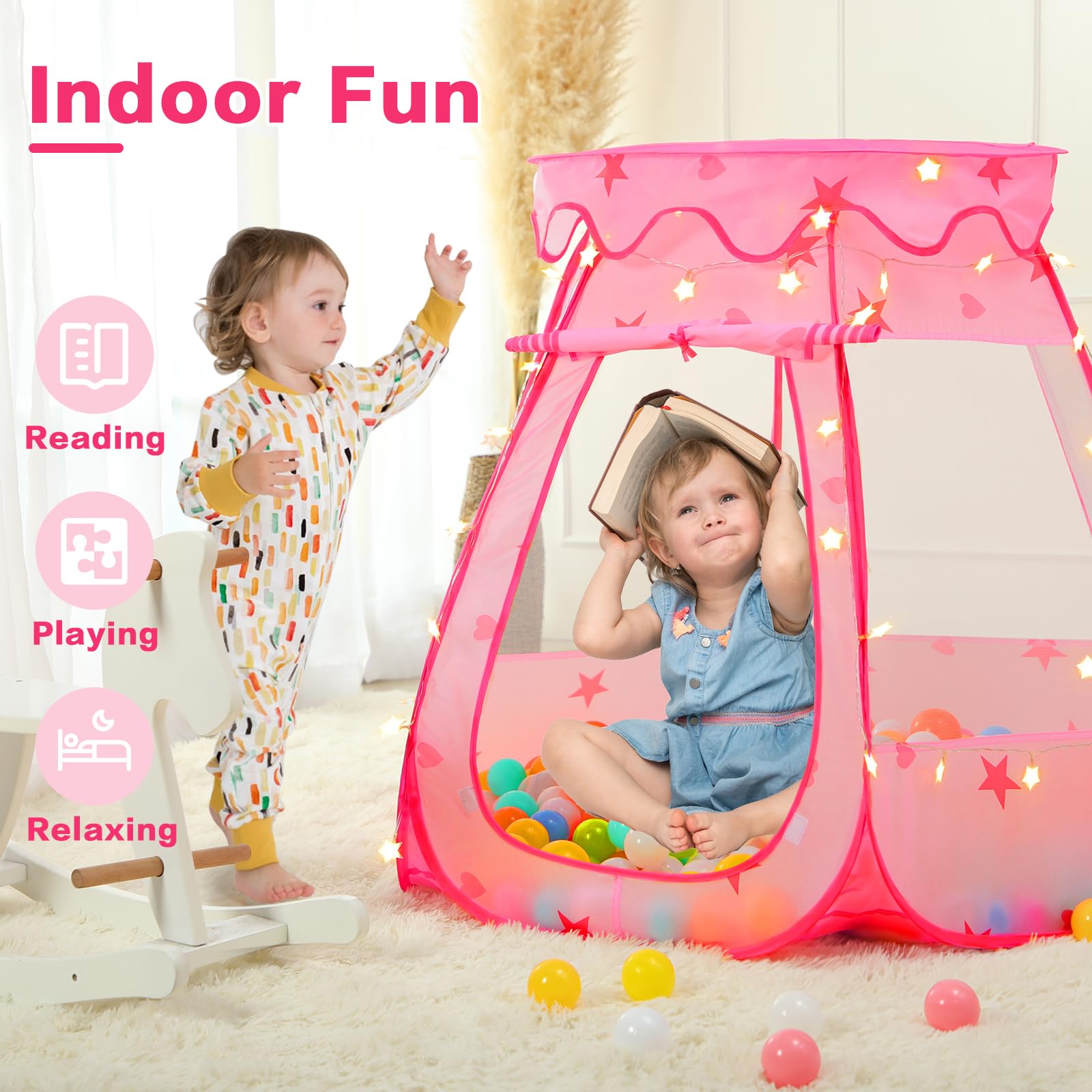 **Baby Ball Pit Play Tent with LED Star Lights - Pop Up Princess Castle for Toddlers & Kids - Indoor Outdoor Playhouse Toy for Girls - Perfect Birthday Gift (Pink) - Fun for Playrooms, Parties & Backyard Adventures**