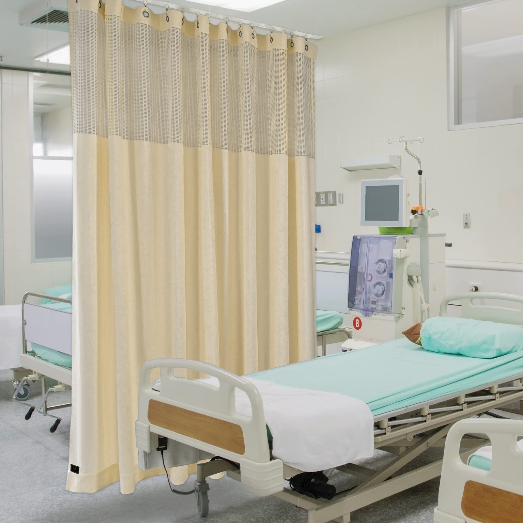 Flame Retardant Medical Room Divider Curtain - Privacy Stripe Grommet Panel for Hospital, Clinic, SPA, School & Nursery (9x8ft, Beige) - Ideal for Patient Privacy & Room Partitioning