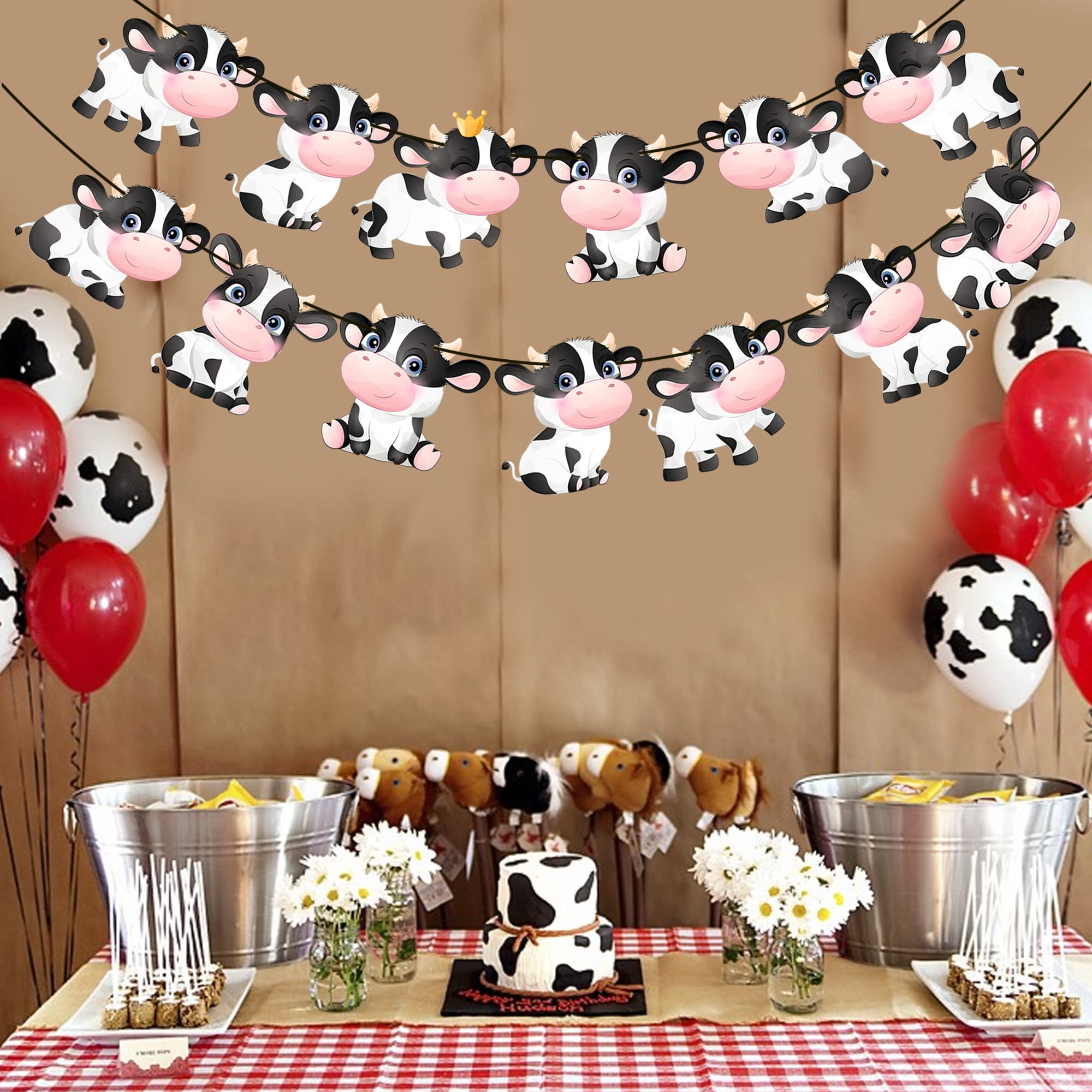 2PCS Cow Print Banner Garland - Farm Animal Birthday Party Decorations for Kids, Cow Themed Party Supplies, Farmhouse Birthday Banner for Baby Shower, Nursery, Classroom, and Cowboy Theme Events