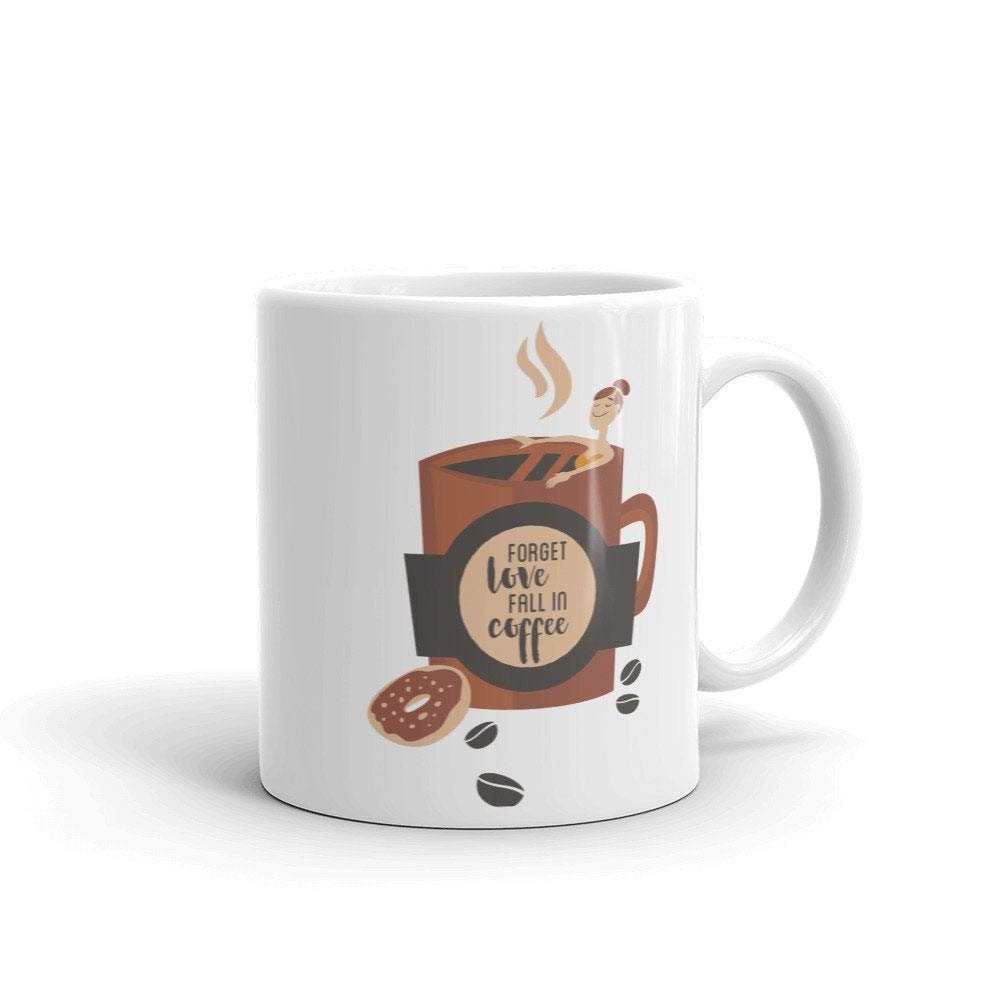Funny Coffee Mug - Cute Tea Cup with Humorous Quote 'Forget Love Fall in Coffee' - Perfect Gift for Men & Women - Ideal for Office, Home, or Gifting