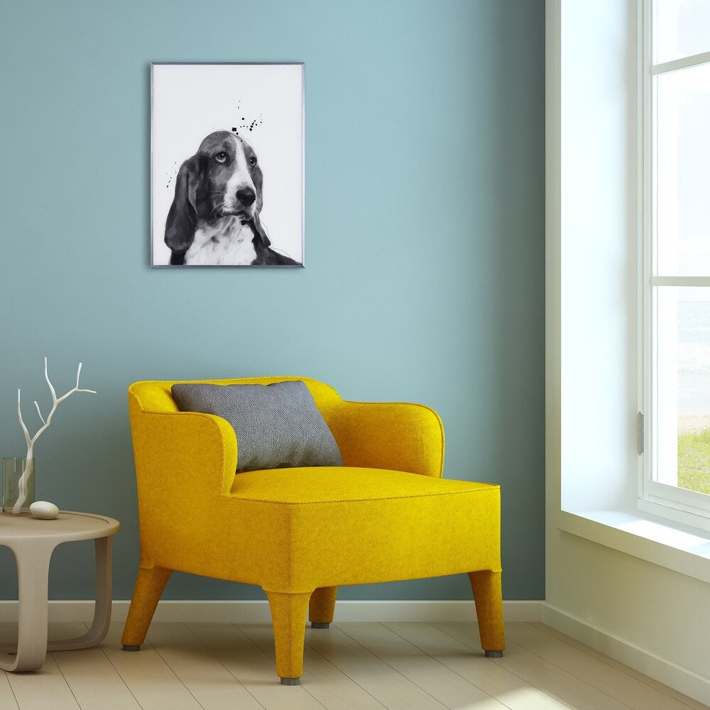 Basset Hound Black and White Dog Wall Art - Reverse Printed Glass with Gunmetal Frame | Modern Home Decor, Living Room & Office Wall Art