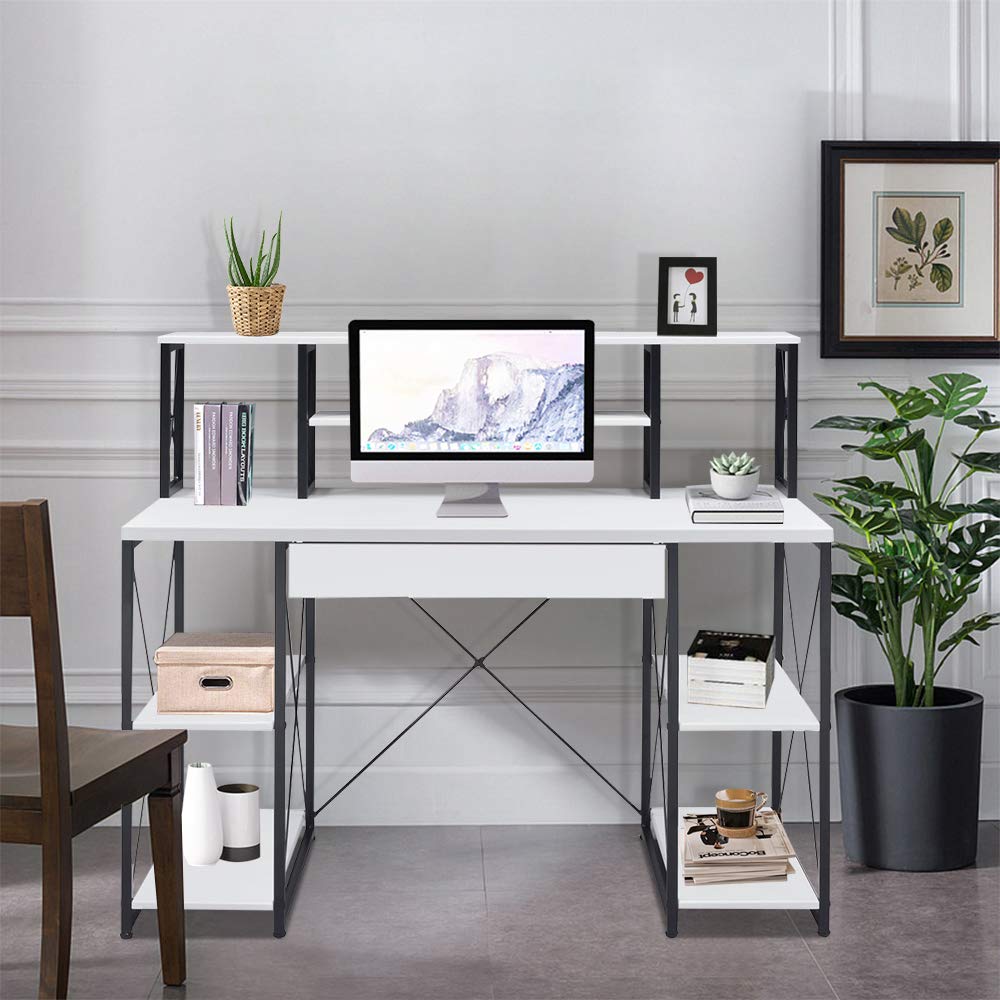 Modern White Computer Desk with Hutch & Drawer - 47