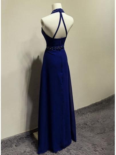 Elegant A-Line Halter Neck Crystal Embellished Floor Length Evening Dress for Prom & Formal Events | Perfect for Weddings, Galas, and Special Occasions