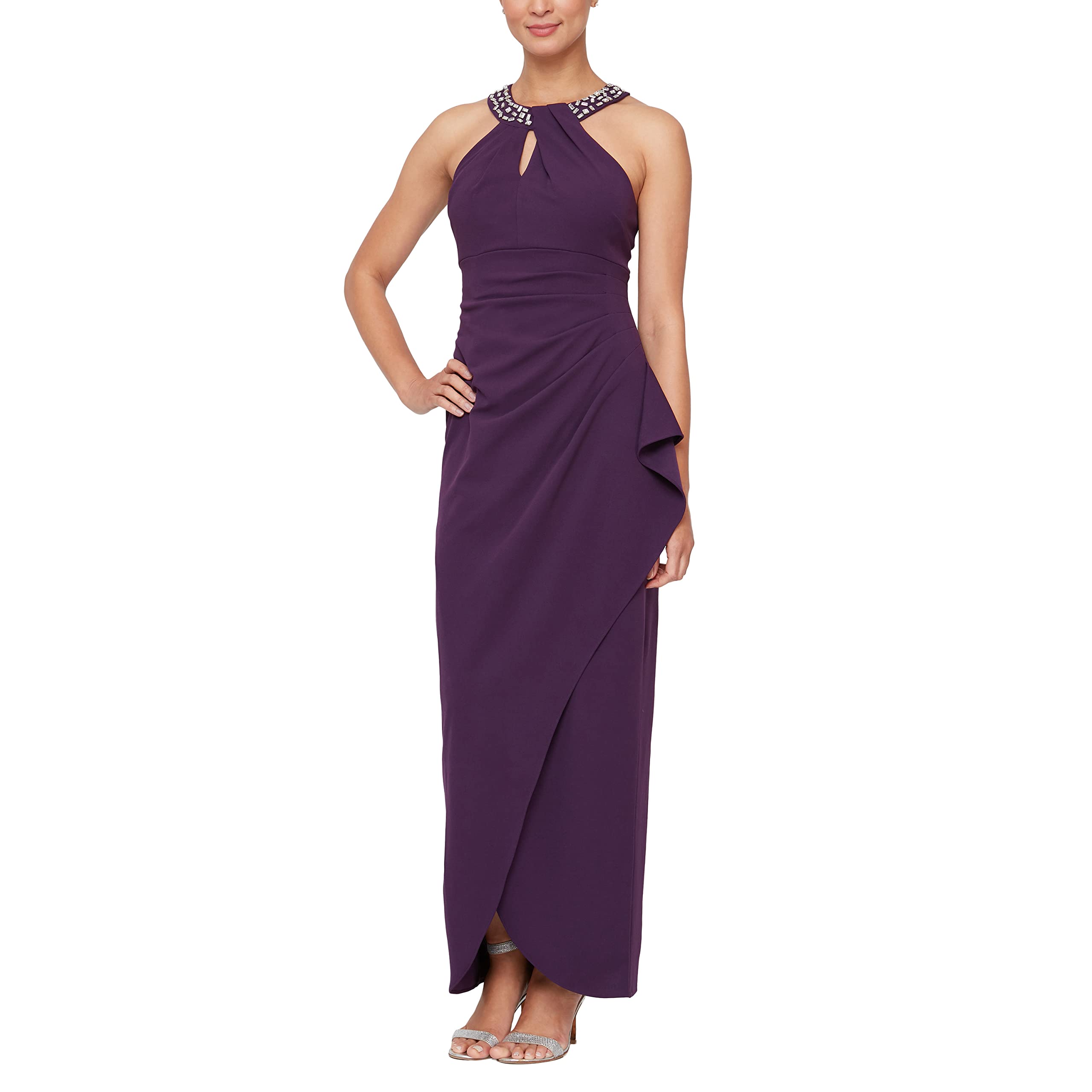 Elegant Women's Long Cocktail Dress with Embellished Halter Neckline - Formal Wedding Guest Dress, Evening Party Gown for Special Occasions (Petite & Regular Sizes) | Perfect for Bridal Showers, Galas and Black Tie Events
