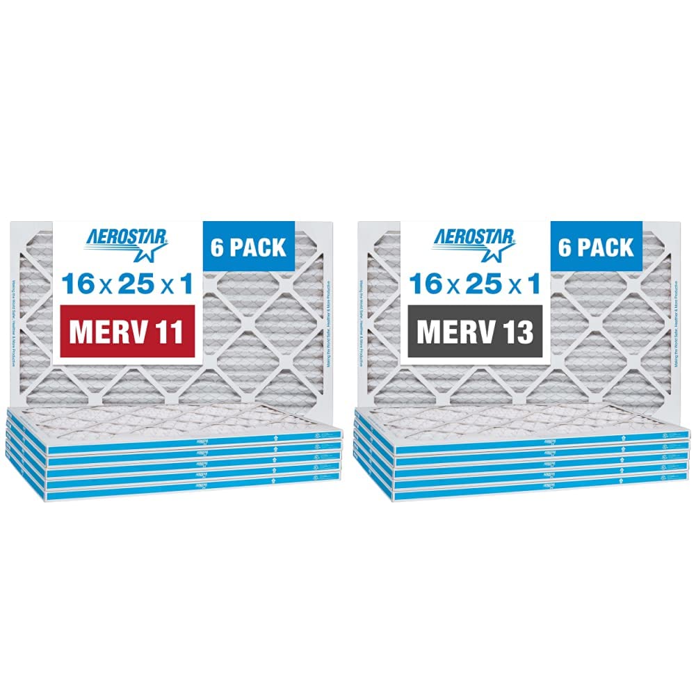 Aerostar 16x25x1 MERV 11 & MERV 13 Pleated Air Filter Combo Pack (6+6) - 15.75x24.75x0.75 Inches - HVAC Furnace & AC Replacement Filters for Home, Office & Commercial Use - Improves Indoor Air Quality & Allergen Reduction
