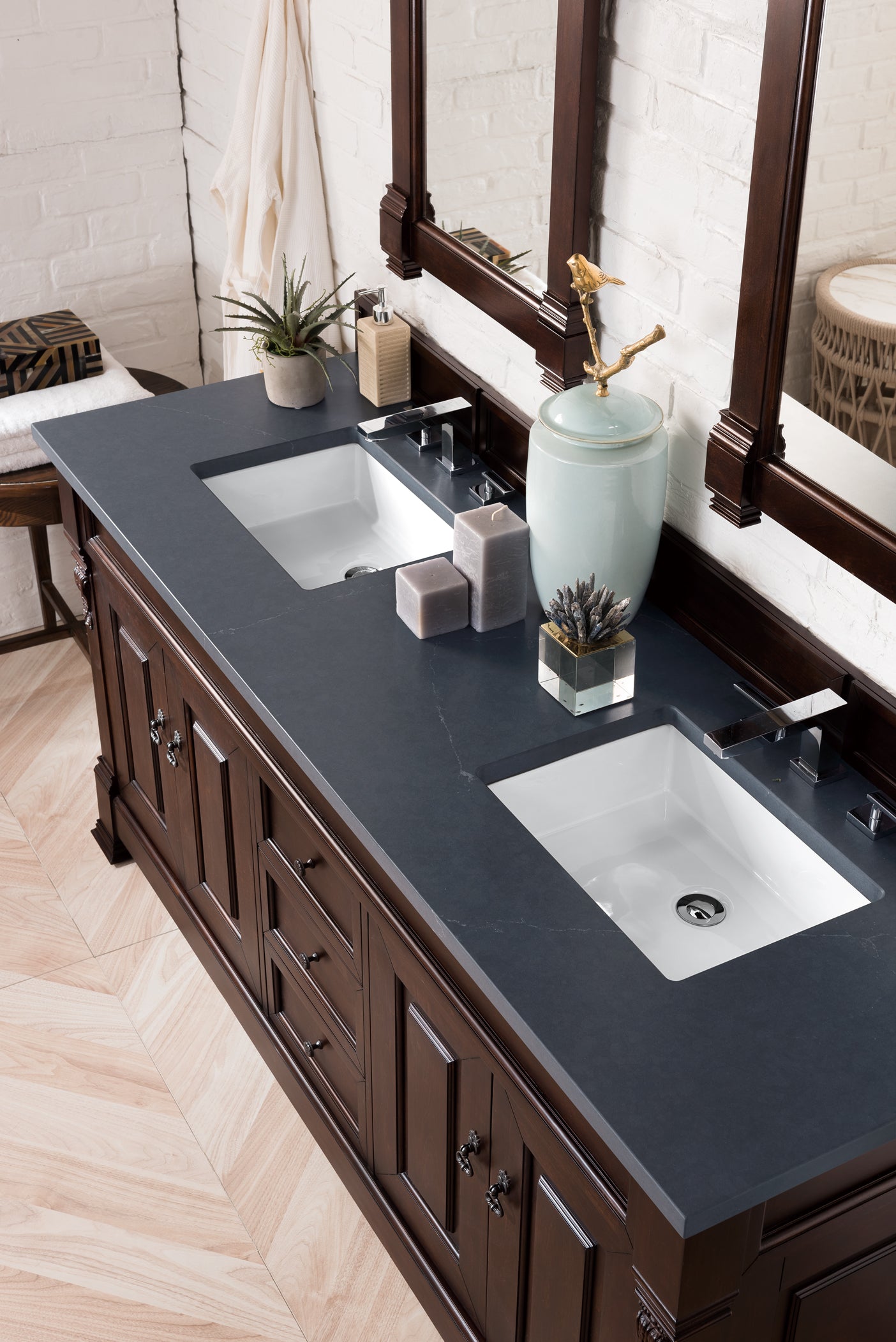 Brookfield 72-Inch Double Vanity with Burnished Mahogany Base & 3CM Charcoal Soapstone Quartz Countertop - Perfect for Master Bathroom Renovation