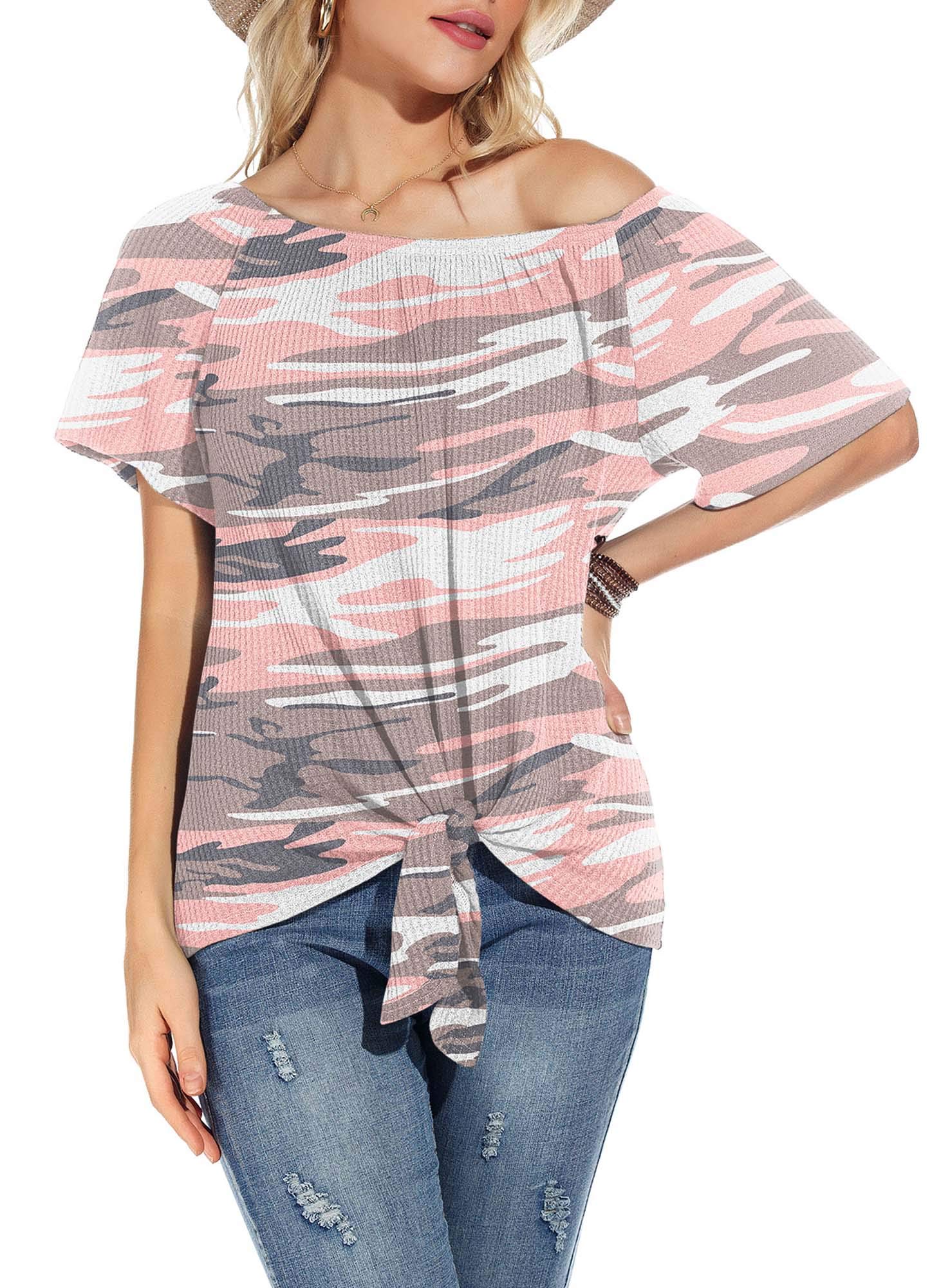 Women's Waffle Knit Off Shoulder Tops - Casual Short Sleeve Blouses with Tie Knot Detail | Summer Loose Fit T-Shirt for Beach, Vacation & Date Night Outfits