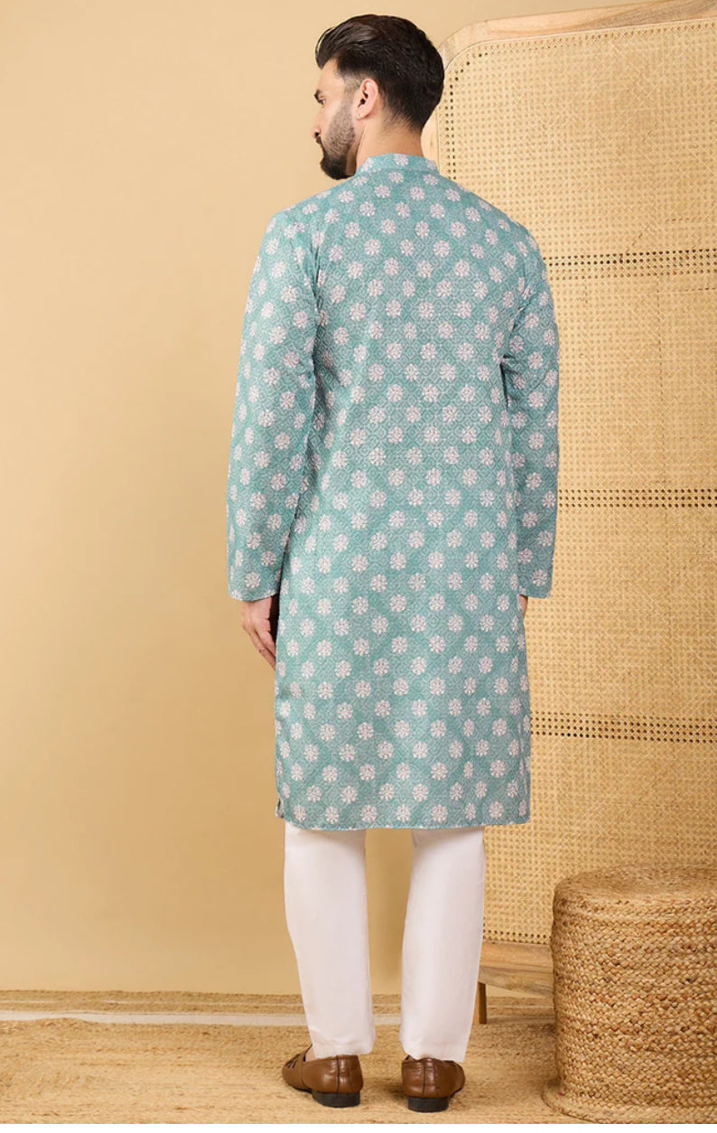 Men's Sea Green Embroidered Straight Chikankari Kurta | Traditional Indian Cotton Tunic | Perfect for Festivals, Weddings & Casual Wear