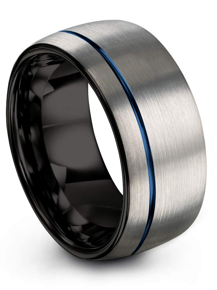 Premium Tungsten Carbide Wedding Band Ring for Men & Women - 10mm Blue & Black Offset Line, Dome Grey Exterior, Brushed & Polished Finish - Custom Engraving for Anniversary & Engagement - Perfect for Everyday Wear, Special Occasions & Gift Giving