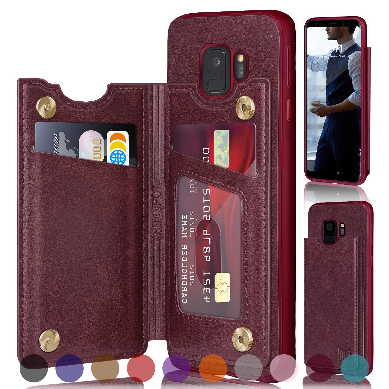 RFID Blocking Samsung Galaxy S9 Wallet Case with Credit Card Holder - Flip PU Leather Phone Cover for Men & Women - Perfect for Travel, Business & Daily Use (Wine Red)