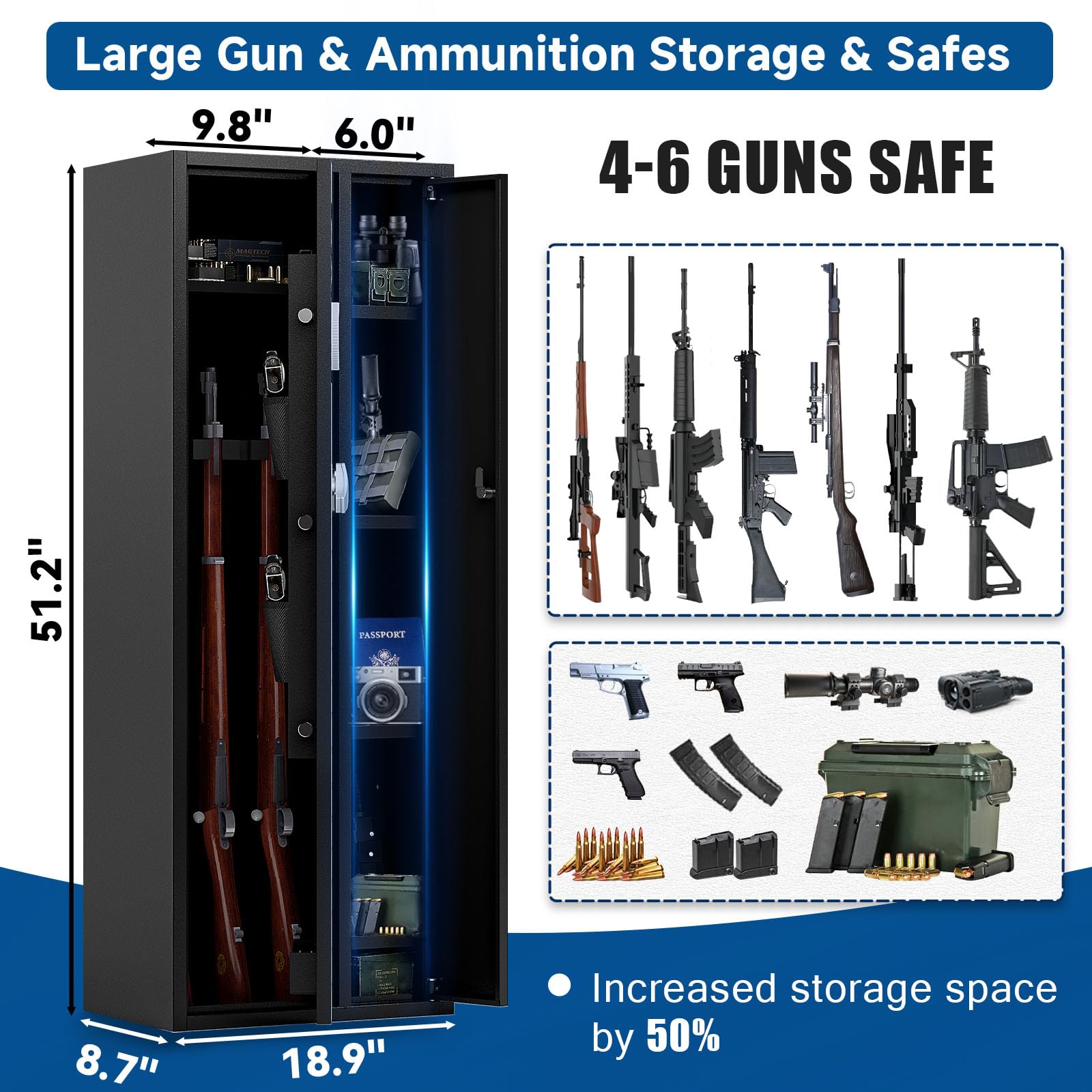 KAER 6-Gun Safe for Rifles & Pistols - Digital Keypad, Removable Shelves & Racks - Home & Office Security Cabinet - Perfect for Bedroom, Closet, or Garage Storage