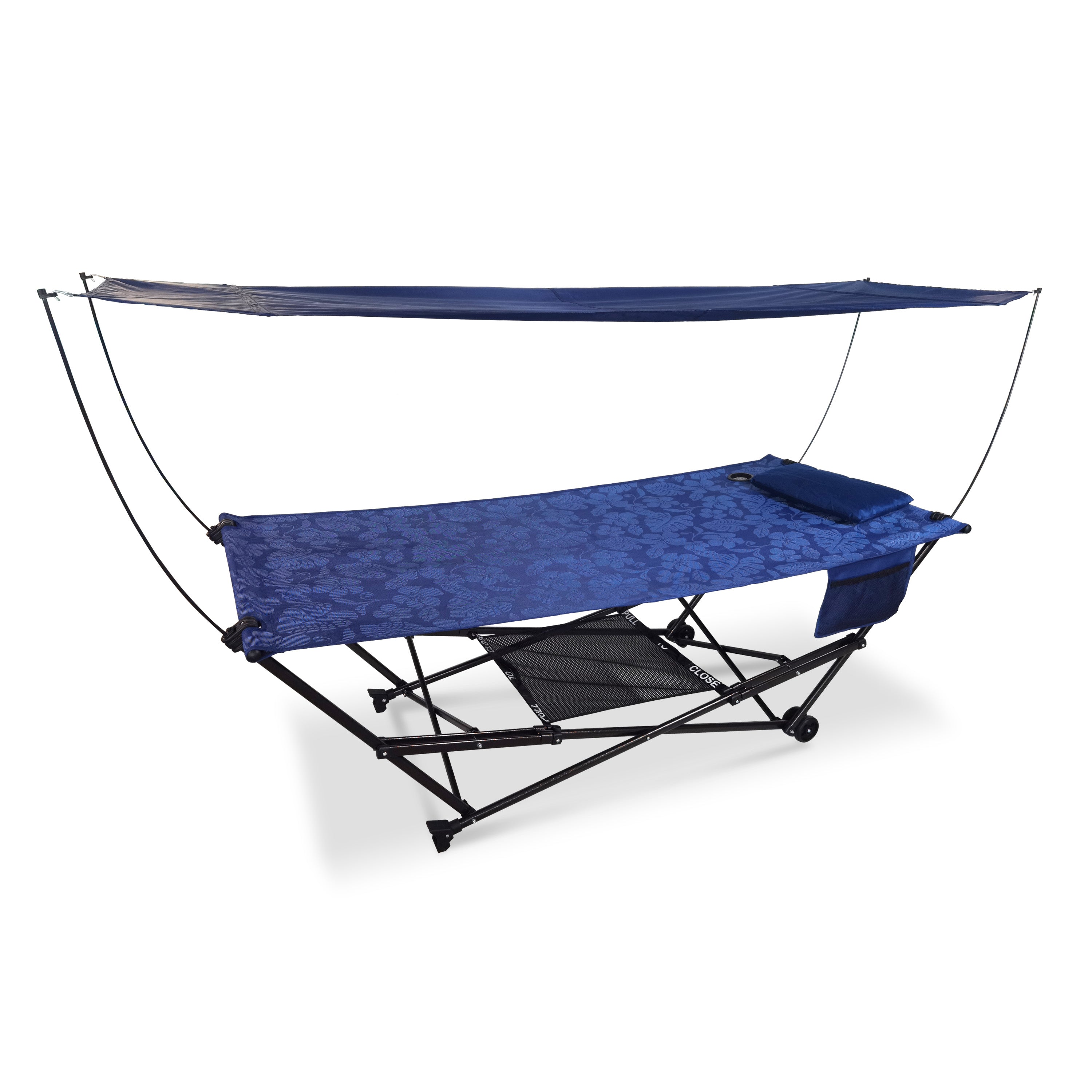 Bliss Hammocks BH 806 BF H Portable Pop Up Hammock with Stand & Canopy - Includes Carry Bag - 300 lb Weight Capacity (Blue Flowers Design) - Perfect for Backyard, Camping, Beach & Outdoor Relaxation