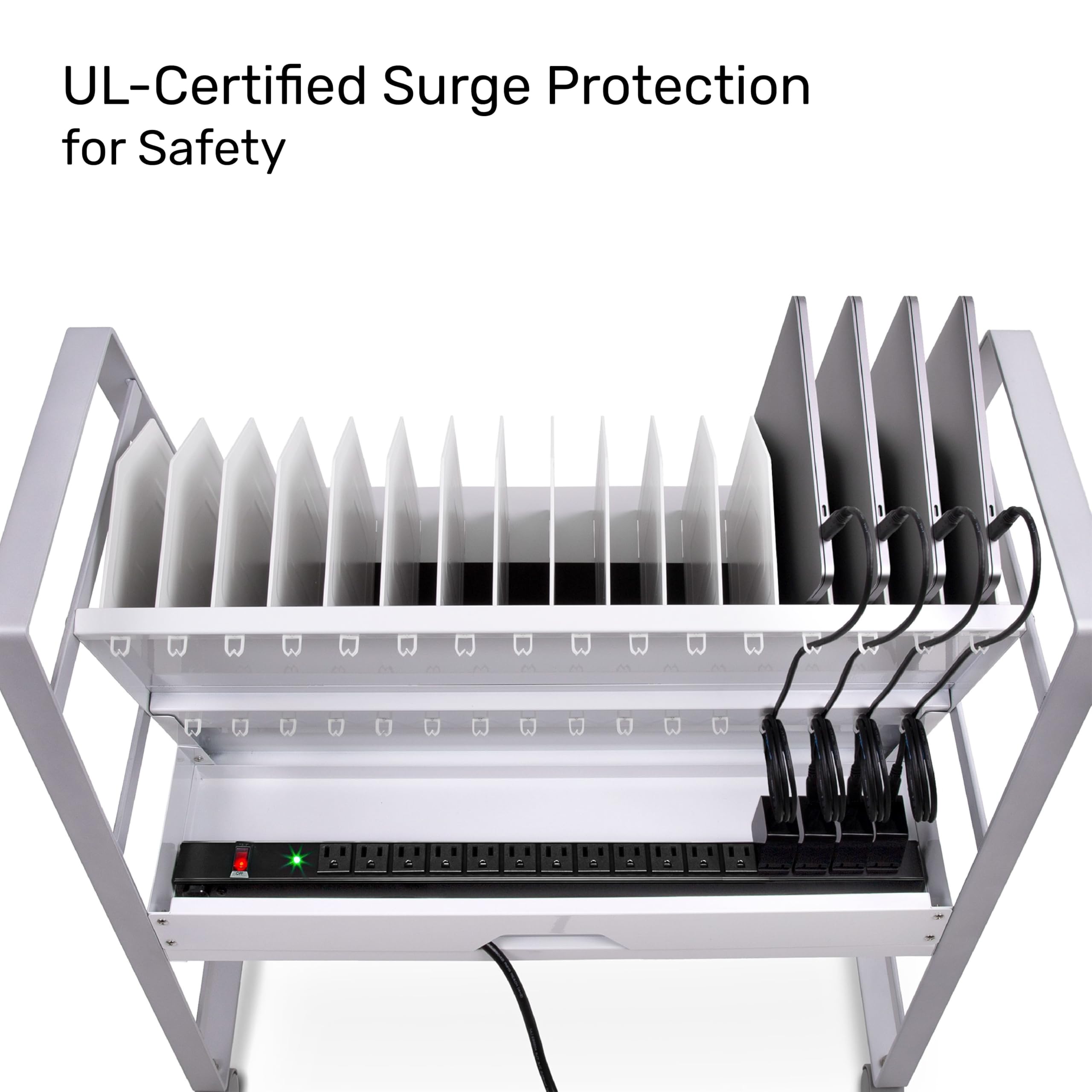 16-Device Mobile Charging Station with UL-Certified Surge Protection | Rolling Steel Cart for Laptops, Tablets & Chromebooks | Open Design with Dividers | Portable Charging Stand (White) - Perfect for Classrooms, Offices & Home Workspaces
