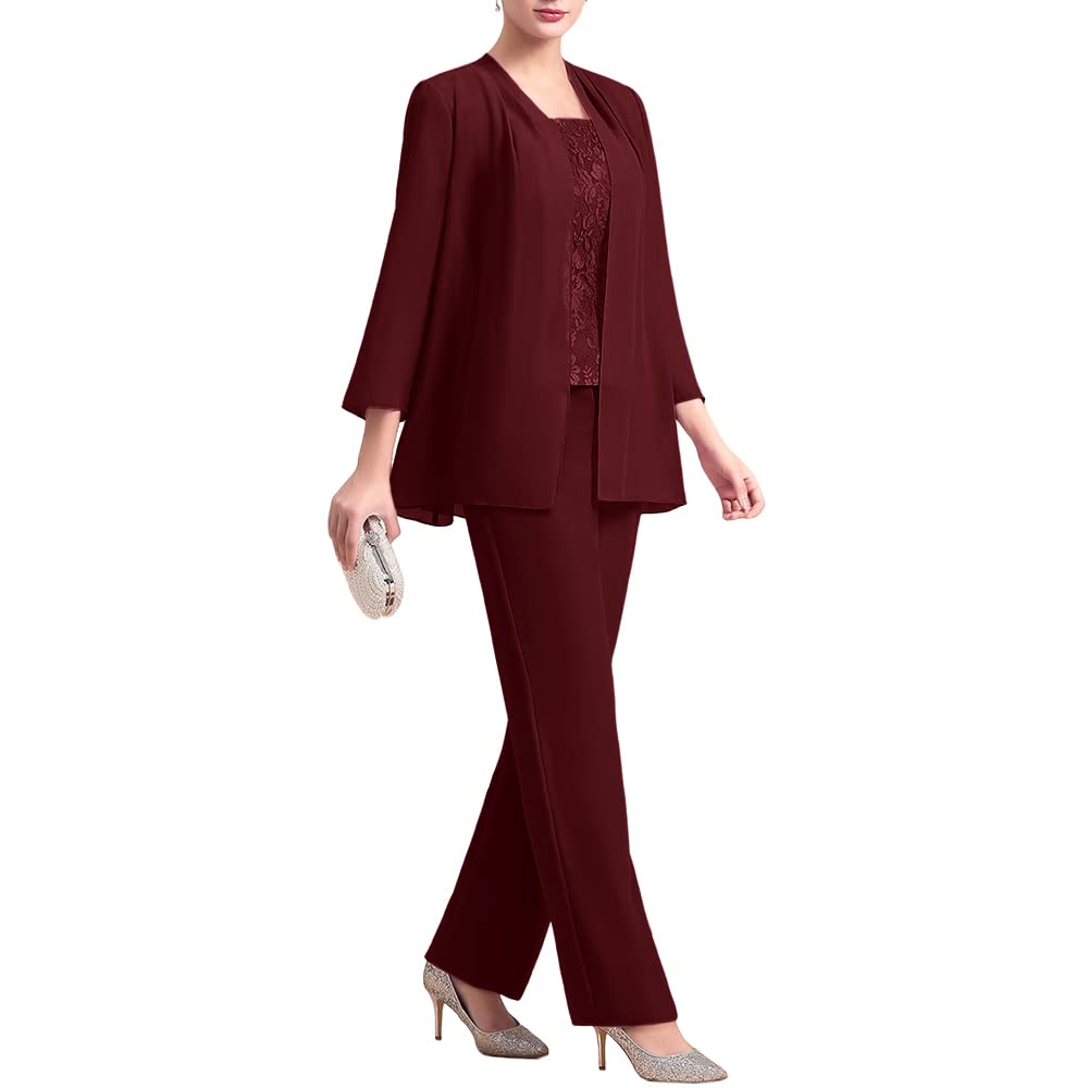 Zongqiven Women's 3-Piece Chiffon Pantsuit Set with Lace Detail - Elegant Mother of the Bride Dress & Wedding Guest Outfit for Formal Evening Occasions
