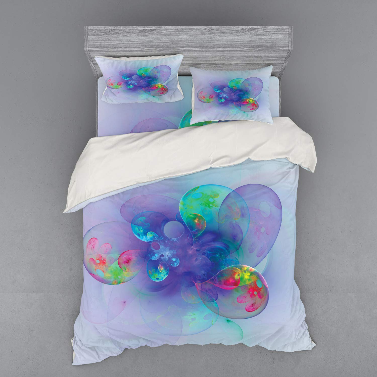 Ambesonne Psychedelic Abstract Duvet Cover Set - 4 Piece Queen Size Bedding with Shams & Fitted Sheet - Trippy Digital Print in Violet Red - Perfect for Bohemian Bedrooms, Dorm Rooms & Festival Camping