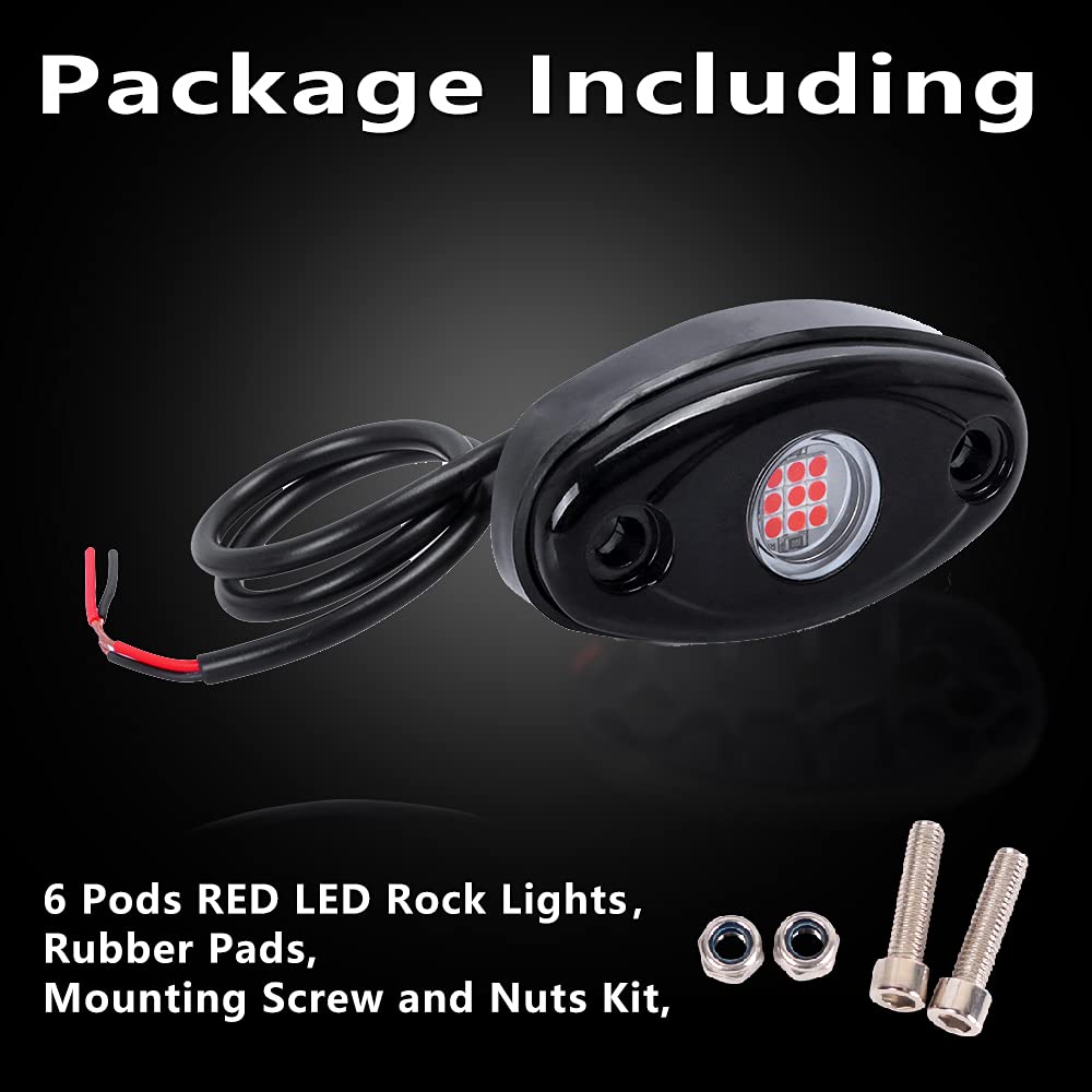6 Pods LED Rock Lights Red - Waterproof Underglow LED Neon Kit for Car, Truck, ATV, SUV & Boat - Underbody Glow Accent Lighting for Off-Roading, Night Driving & Vehicle Customization