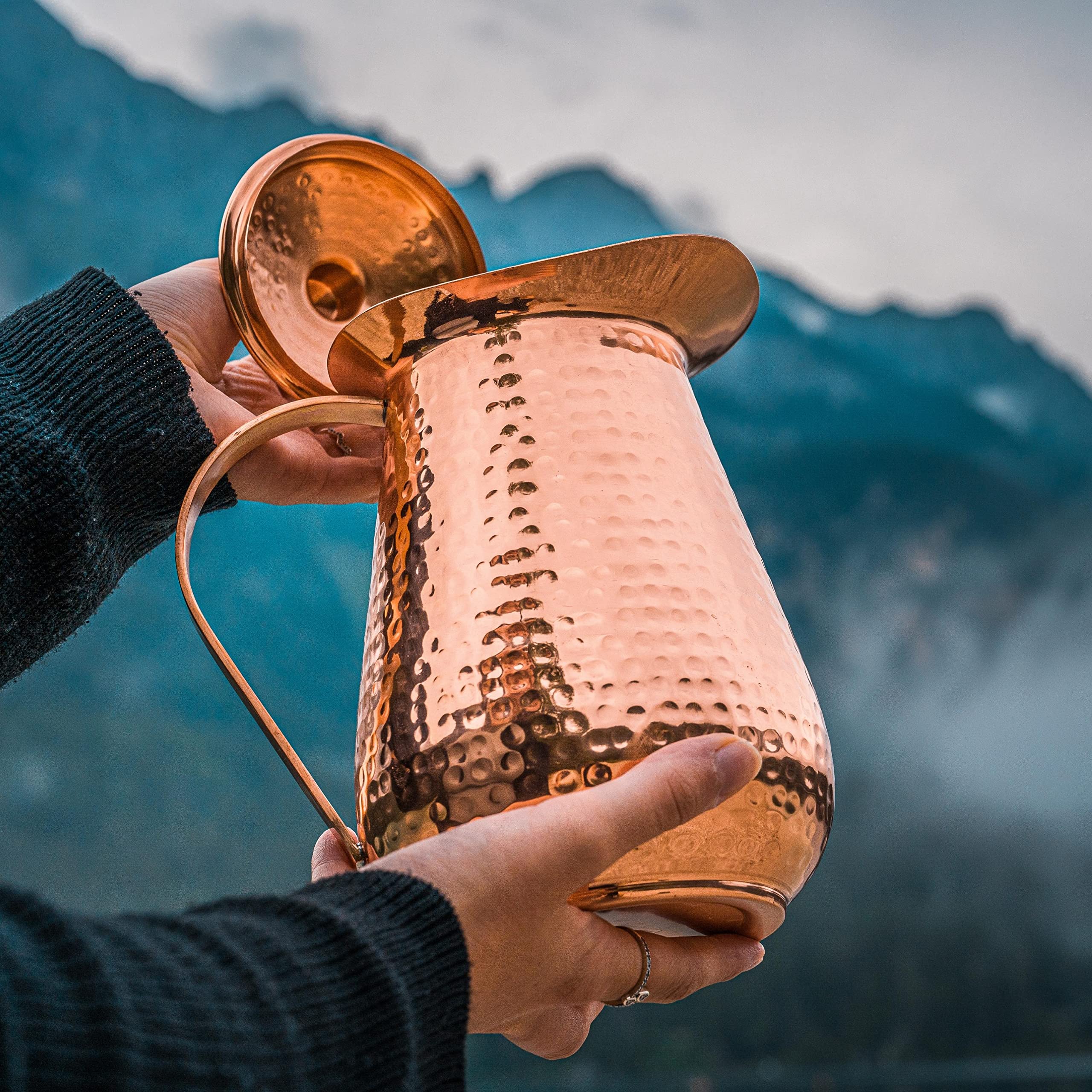 68oz Pure Copper Handmade Hammered Pitcher with Lid & 12oz Cups - Promote Hydration, Reduce Sugar Intake & Boost Health Benefits - Perfect Bedside Carafe for Water, Juice & Wellness Drinks
