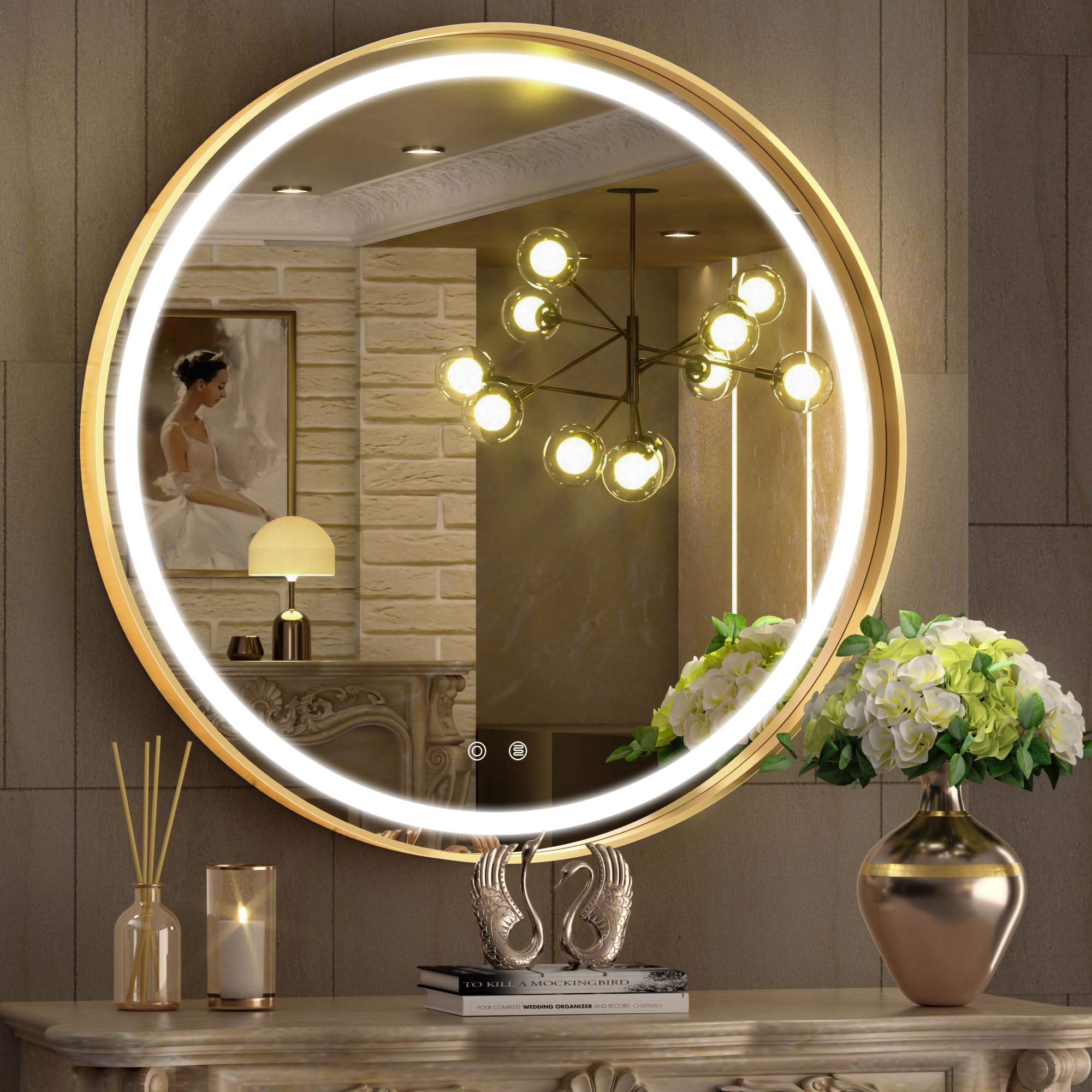 28 Inch Round LED Bathroom Mirror with Lights - Gold Metal Framed Anti-Fog Vanity Mirror, Dimmable 3-Color Lighting for Makeup & Wall Mounting - Perfect for Bathroom, Dressing Room & Home Decor