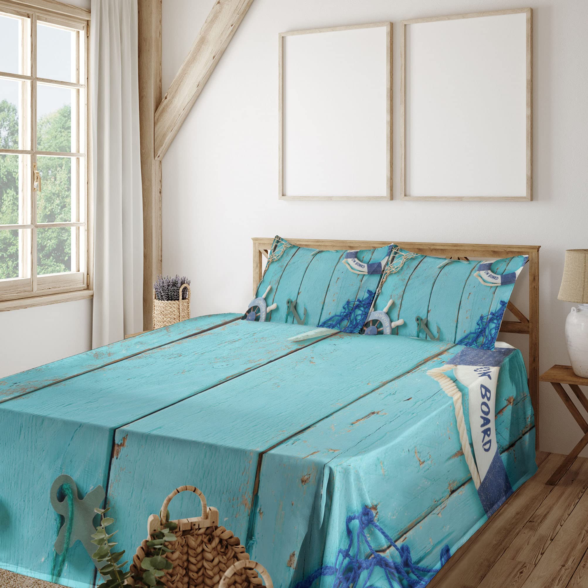 Ambesonne Nautical 3-Piece Sheet Set - Vintage Steering Wheel & Stars Design, Twin Size, Turquoise & Navy Blue - Perfect for Coastal Bedrooms, Beach House Decor & Nautical Theme Bedding