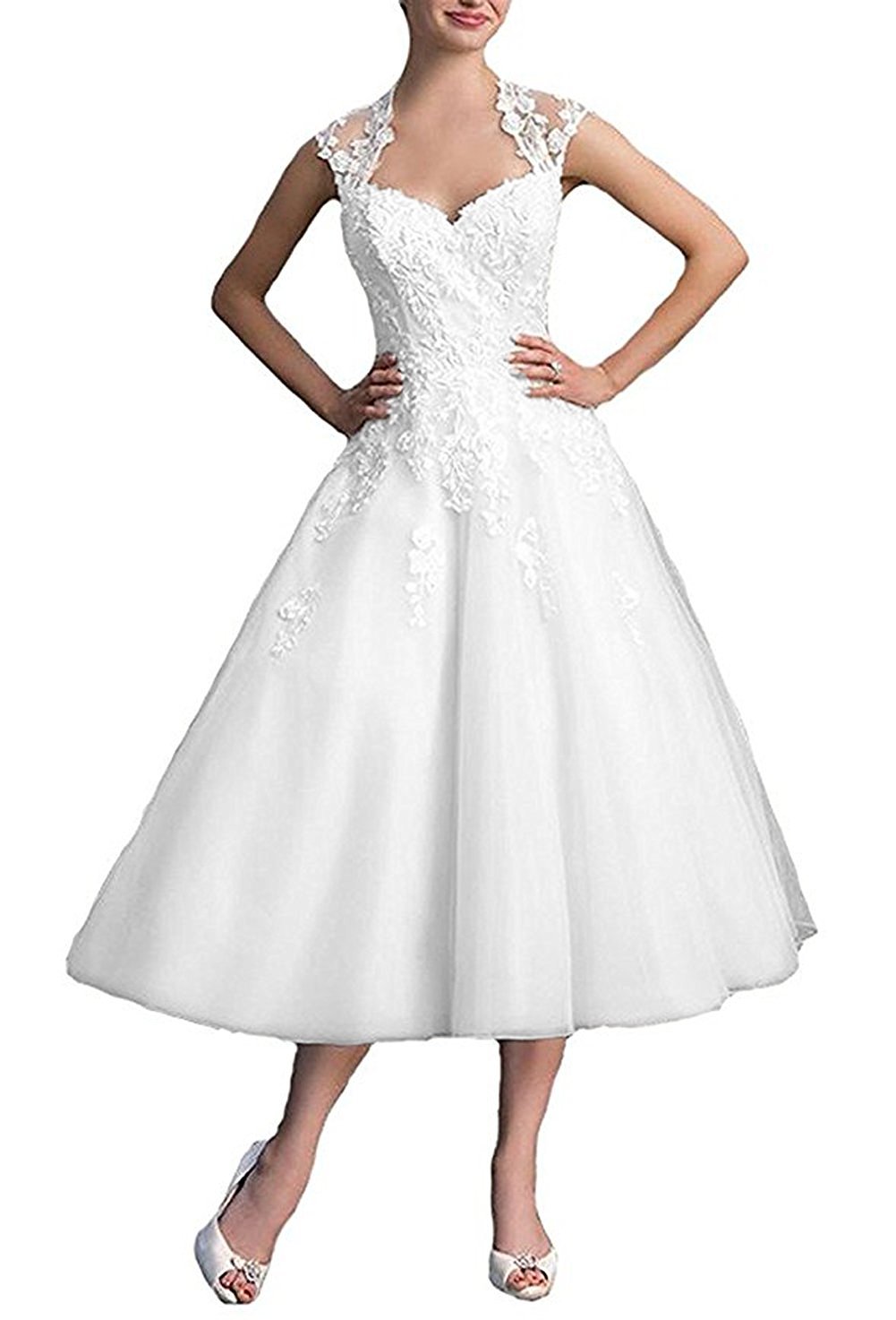 Elegant Women's Cap Sleeve Applique Tea-Length Ball Gown Wedding Dress for Brides - Perfect for Church Ceremonies, Garden Weddings & Formal Events