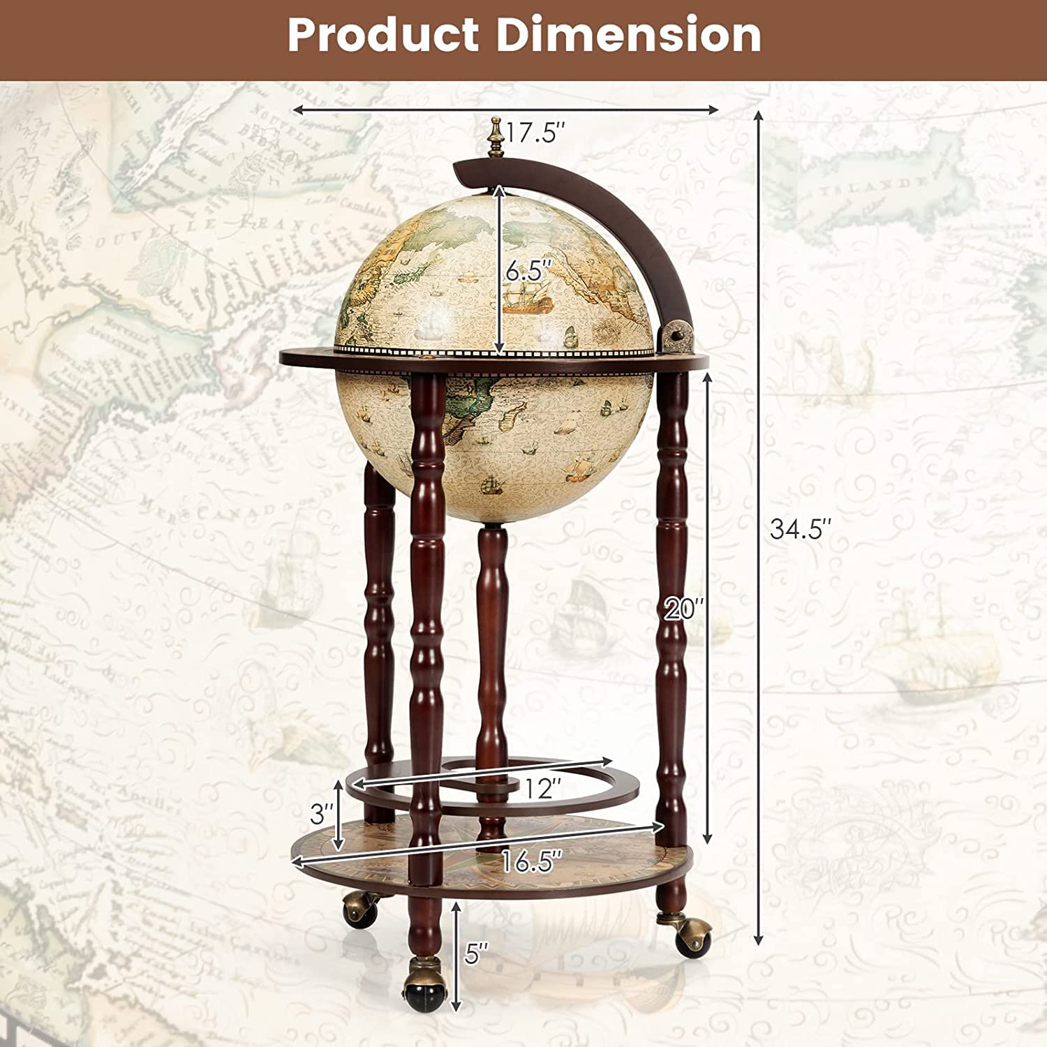 Byroce Globe Bar Cart - Wooden Wine Bar Cabinet with Wheels & Liquor Bottle Shelf - Italian Style Rolling Liquor Cabinet for Home Bar, Dining Room & Living Room - Cream White - Perfect for Cocktail Parties, Wine Tasting & Home Entertaining