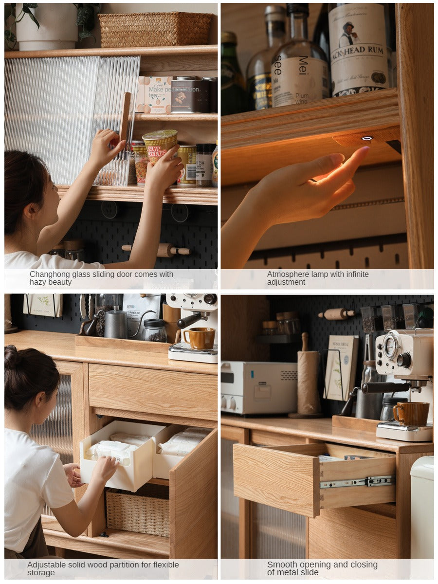 Solid Oak Wood Modern Dining Sideboard - Wall-Mounted Buffet Cabinet for Dining Room Storage & Decor