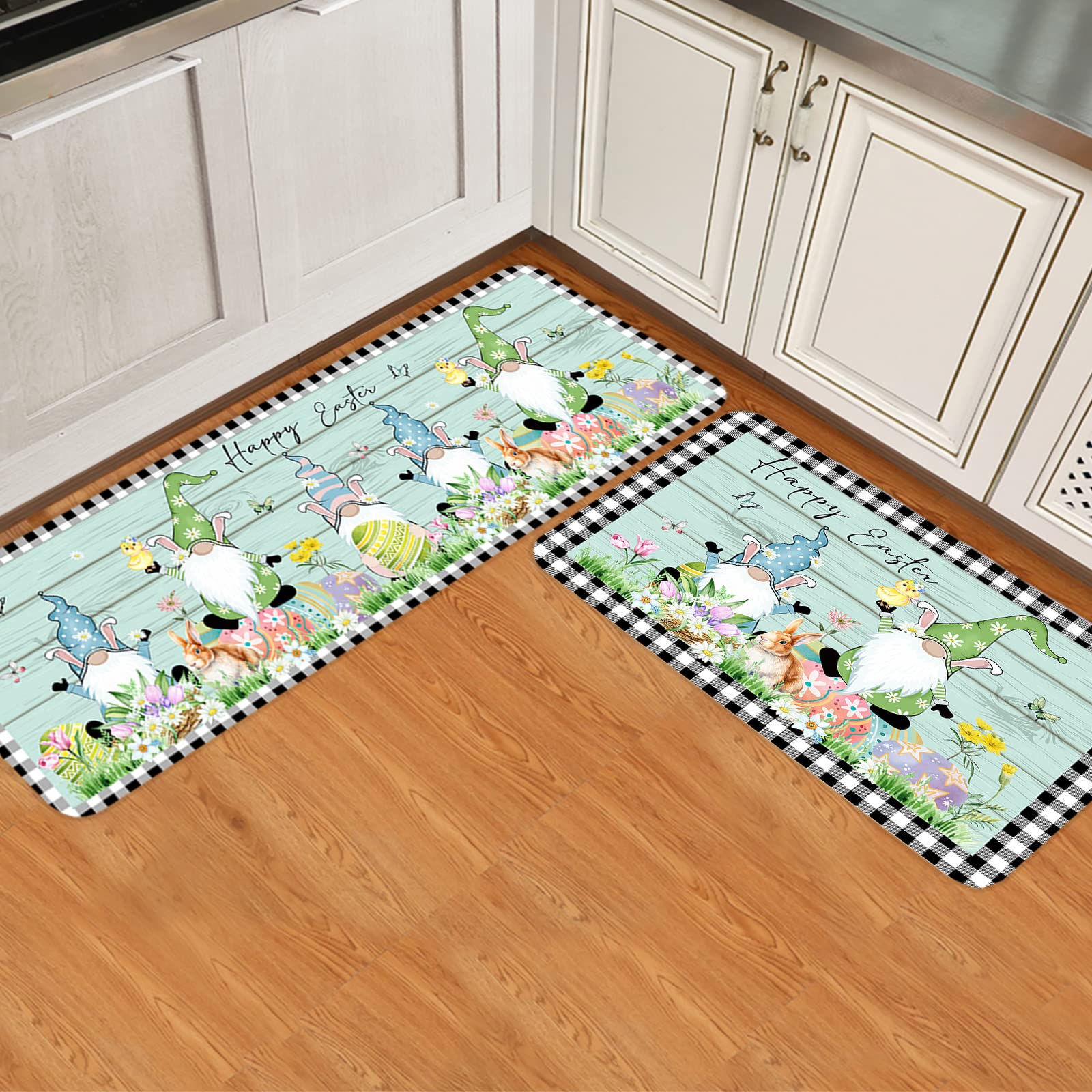 2-Piece Non-Slip Washable Kitchen Rugs Set - Easter Gnome Rabbit & White Daisy Black Plaid Design (23.6