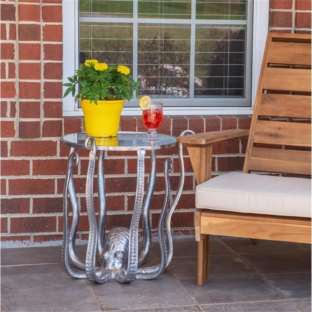 Linon Olivia Octopus Silver Aluminum and Glass Side Table - Perfect for Living Room, Bedroom, or Office Decor