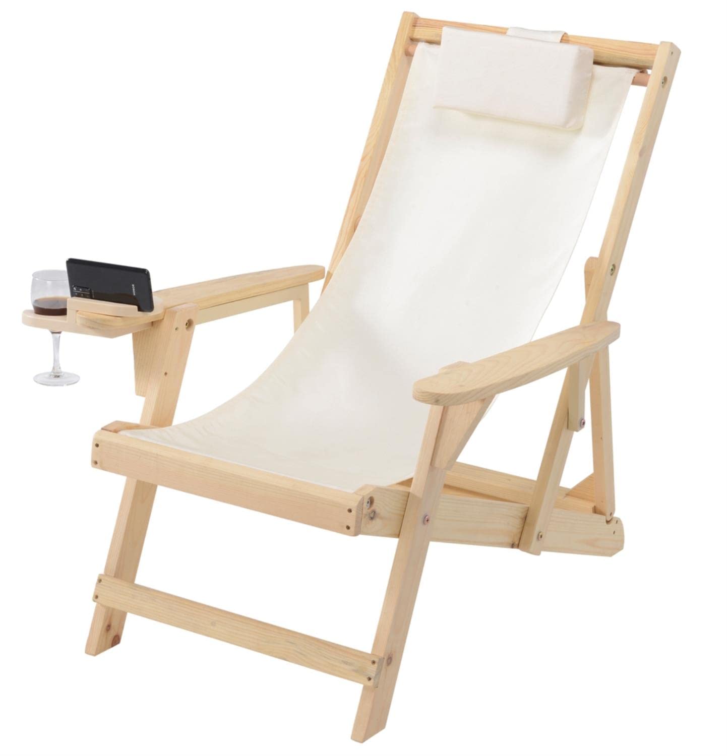 Portable Canvas Sling Chair with Cup Holder & Wine Glass Pocket - Foldable Outdoor Lounge Chair with Ottoman for Beach, Camping, Patio & Backyard Relaxation