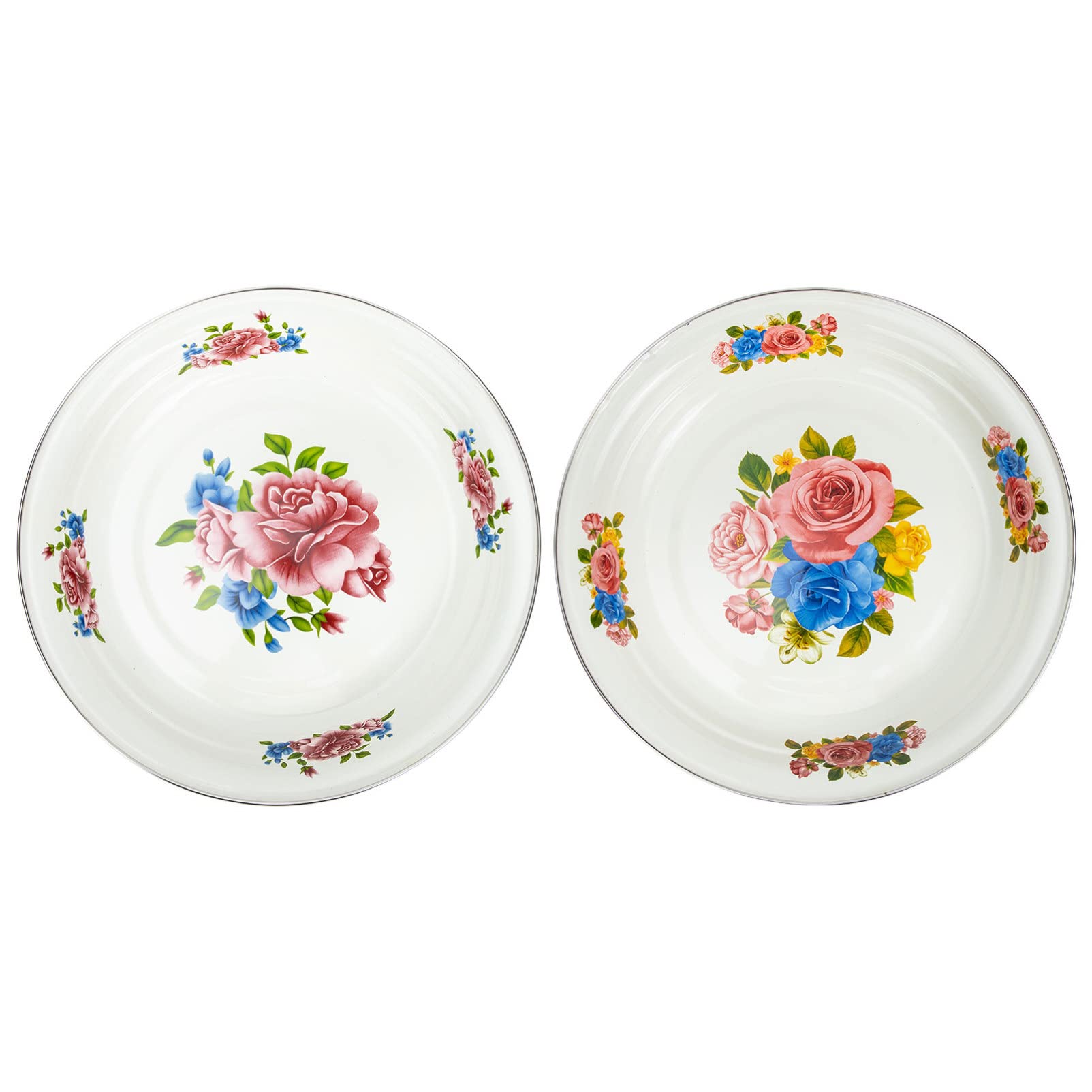 Vintage Enamel Serving Dishes Set of 2 - Unbreakable Retro Style Enamel Plates for Fruits, Salads & Desserts - Durable Flat-Bottomed Enamelware for Home Kitchen, Picnics & Outdoor Dining