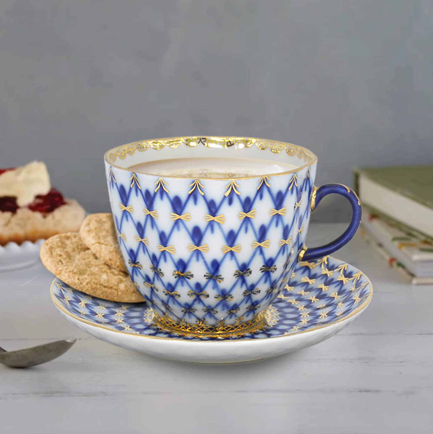 Lomonosov Porcelain Cobalt Net Coffee Cup and Saucer Set - 3 Piece Fine Bone China Tea Cup Set with Gold Accents - Elegant Tea Time & Coffee Break Accessories for Home, Cafe or Gift