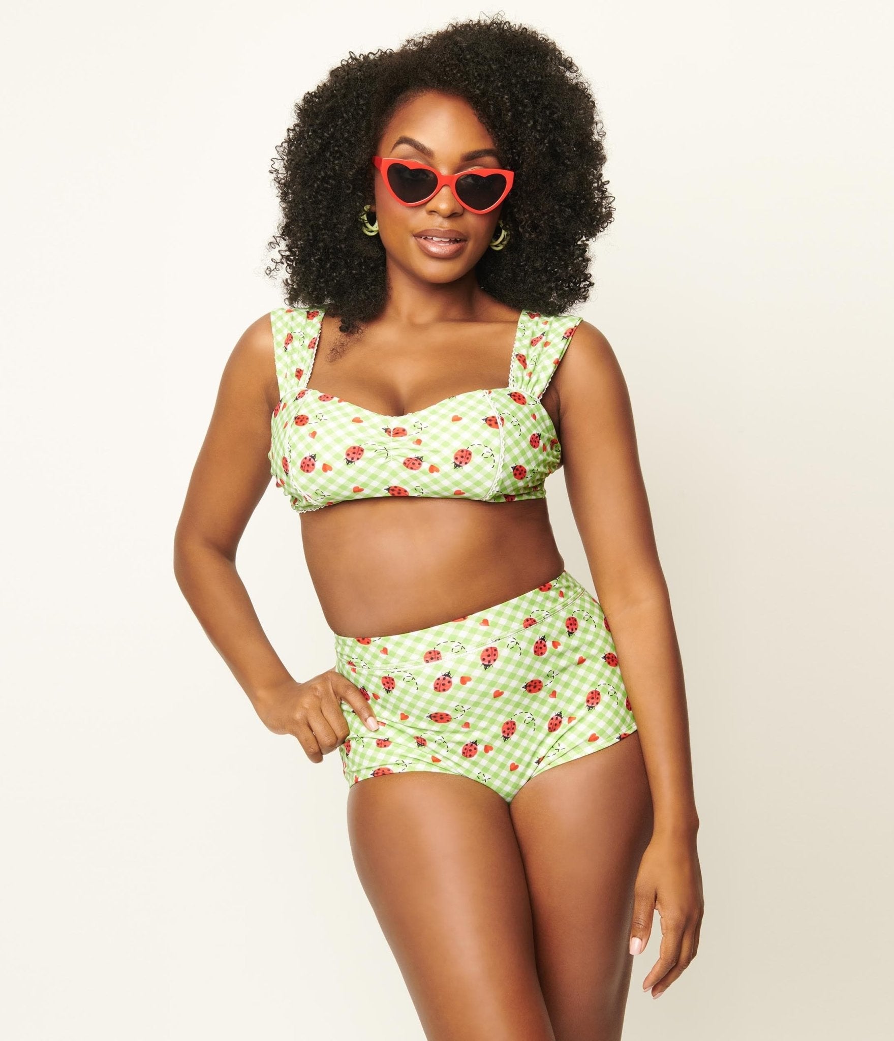 Vintage Green Gingham Ladybug Print Ruched Swim Top - Retro Style Adjustable Bikini Top for Women - Perfect for Beach, Pool, and Summer Vacations