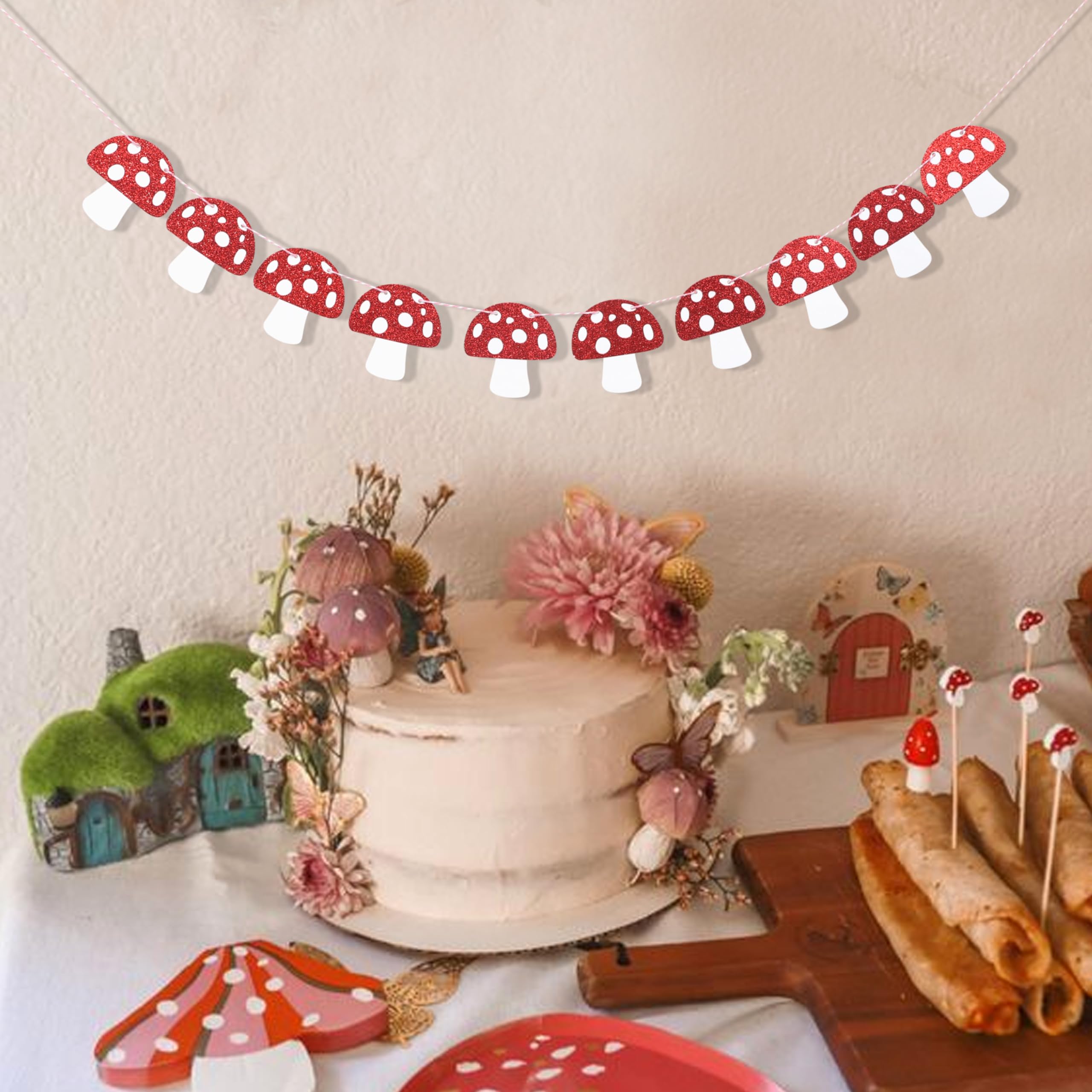 Red Glitter Mushroom Garland - Woodland Party Decorations, Fairy Birthday Banner, Mushroom Theme Party Supplies for Forest Themed Events, Baby Showers & Boho Home Decor