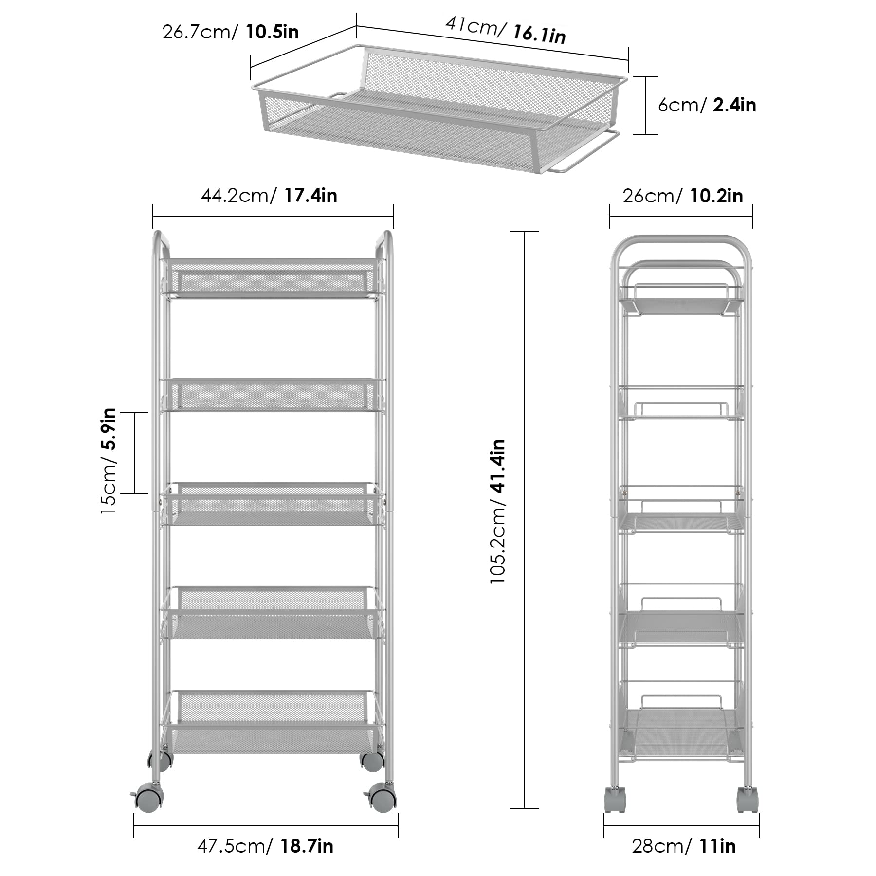 SOMY 5-Tier Mesh Rolling Storage Cart with Lockable Wheels & Removable Baskets - Multifunctional Organizer for Kitchen, Bathroom, Bedroom - 4 Free Casters, Silver (11D x 18.7W x 41.4H Inches) - Perfect for Home Organization, Pantry Storage & Small Space Living