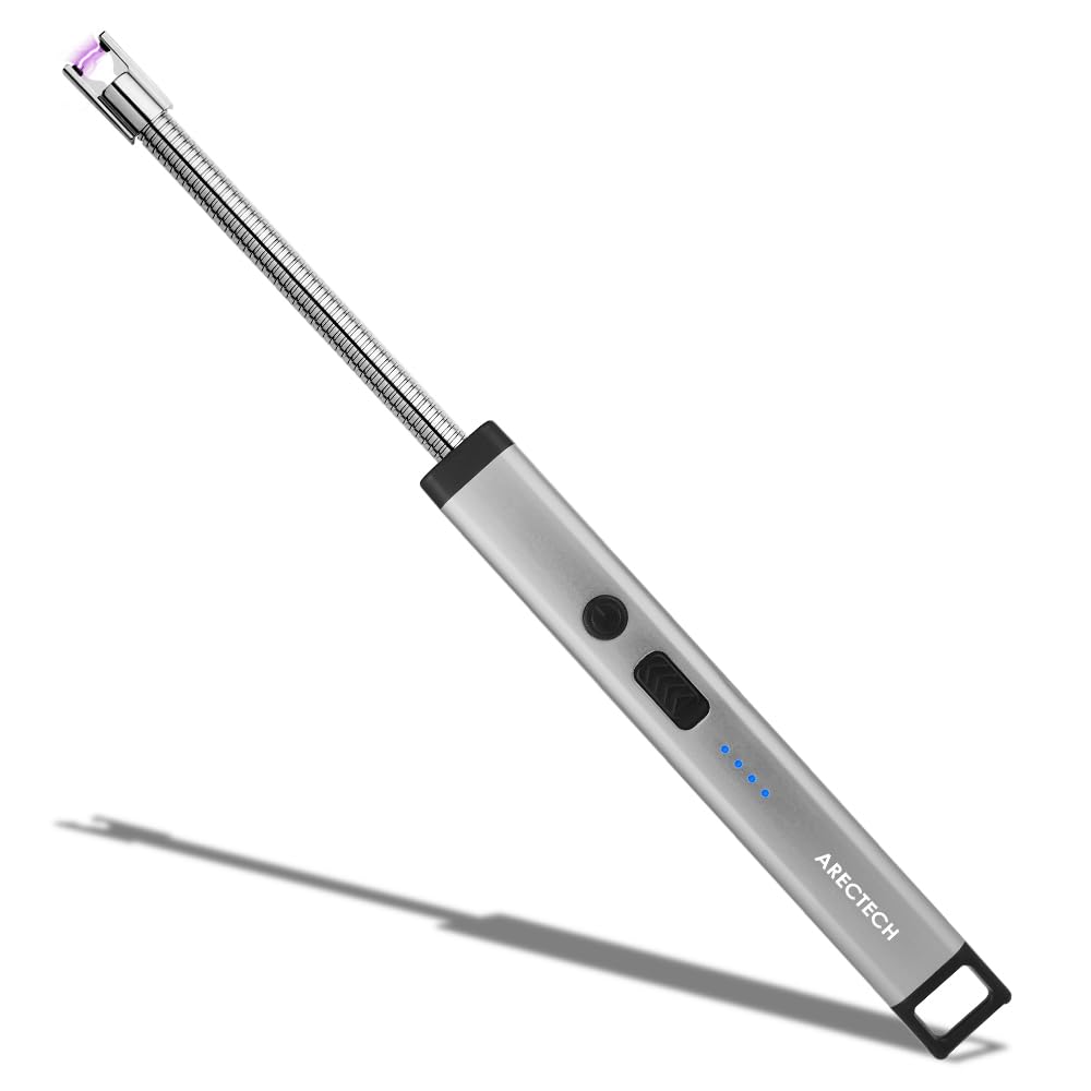 ARECTECH USB Rechargeable Electric Arc Lighter for Candles, Camping, Fireworks - Waterproof Windproof LED Flashlight Lighter - Perfect Christmas Birthday Gift for Men & Women (Silver) | Home Use, Outdoor Adventures, Party Decorations