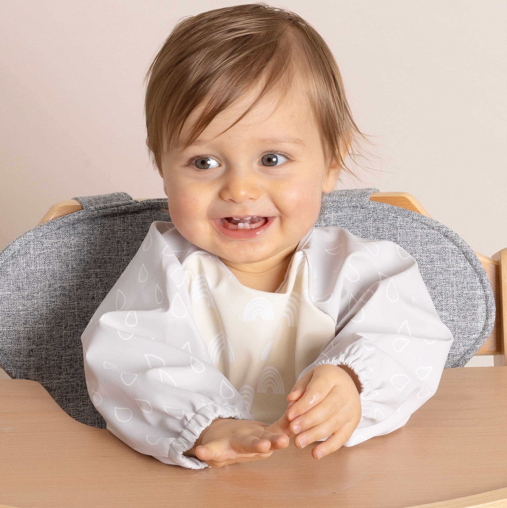 Nordic Smock Bib for Baby - Soft Grey & Sand Cotton Feeding Bib with Adjustable Straps - Perfect for Mealtime, Daycare, and Messy Play