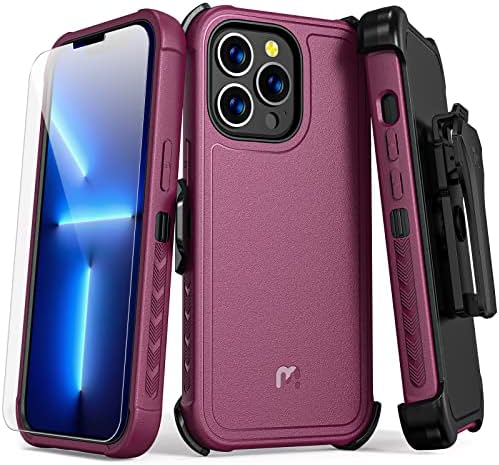 iPhone 14 Case with Belt Clip Holster & Tempered Glass Screen Protector | 6.1 Inch Heavy Duty Military Green | Perfect for Outdoor Activities & Daily Protection