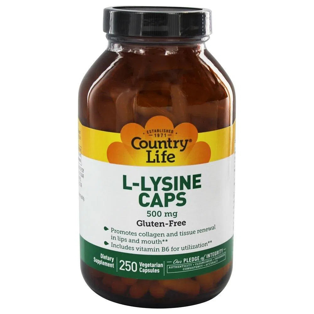 Country Life L-Lysine 500mg Capsules - Supports Immune Health & Collagen Production - Ideal for Cold Sores, Skin Care & Fitness Recovery