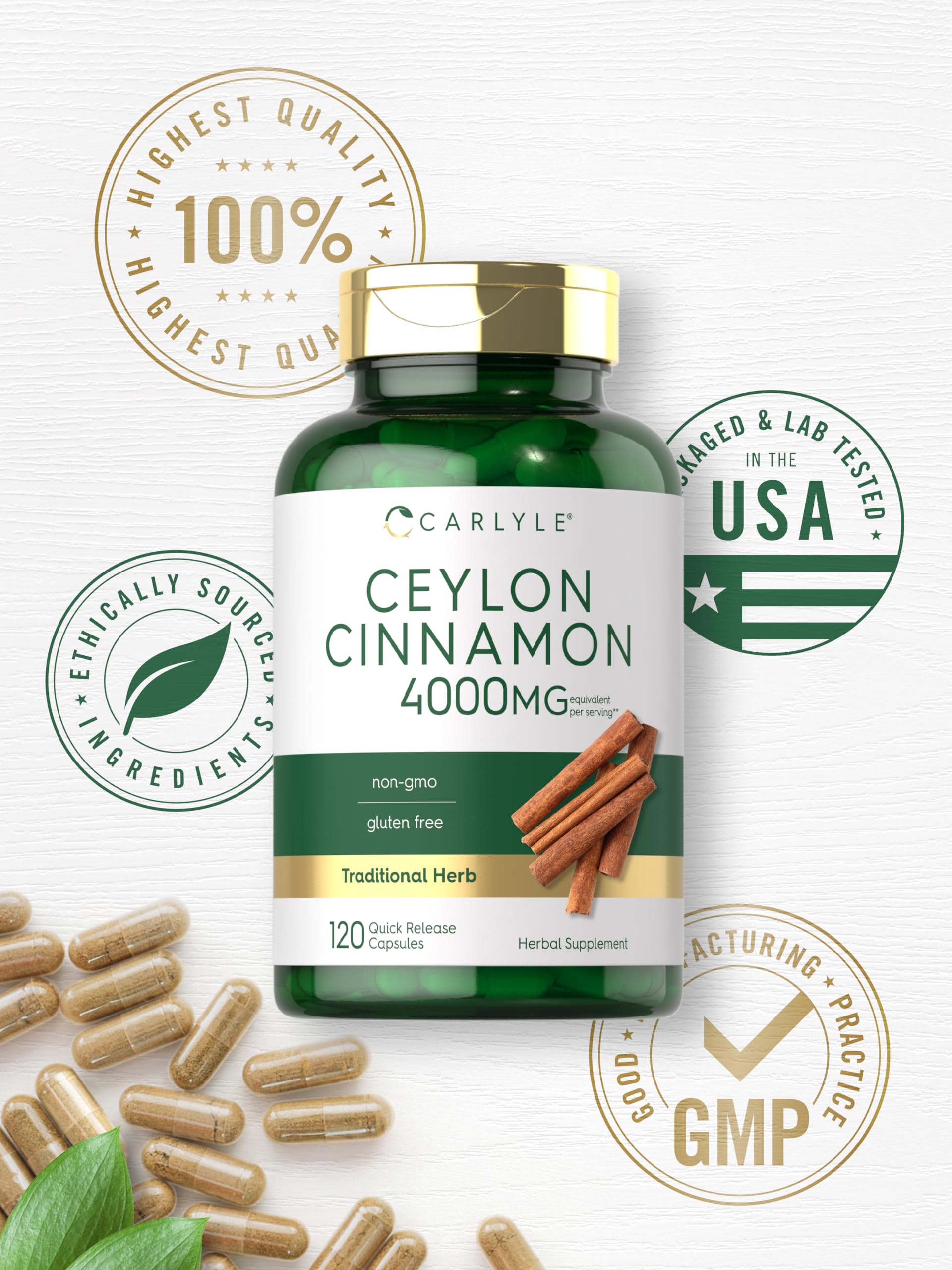 Carlyle Ceylon Cinnamon 4000mg Capsules | 120 Count | Non-GMO, Gluten Free Dietary Supplement | Supports Blood Sugar & Heart Health | Perfect for Daily Wellness Routine
