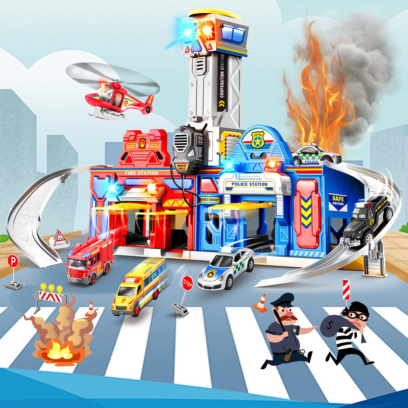 29.5'' Large City Action Rescue Vehicle Playset with Lights & Sounds - Police & Fire Station Transform Track with 4 Cars & Helicopter - STEM Learning Toys for 3-6 Year Old Boys & Girls - Perfect for Birthday Gifts & Pretend Play Scenarios