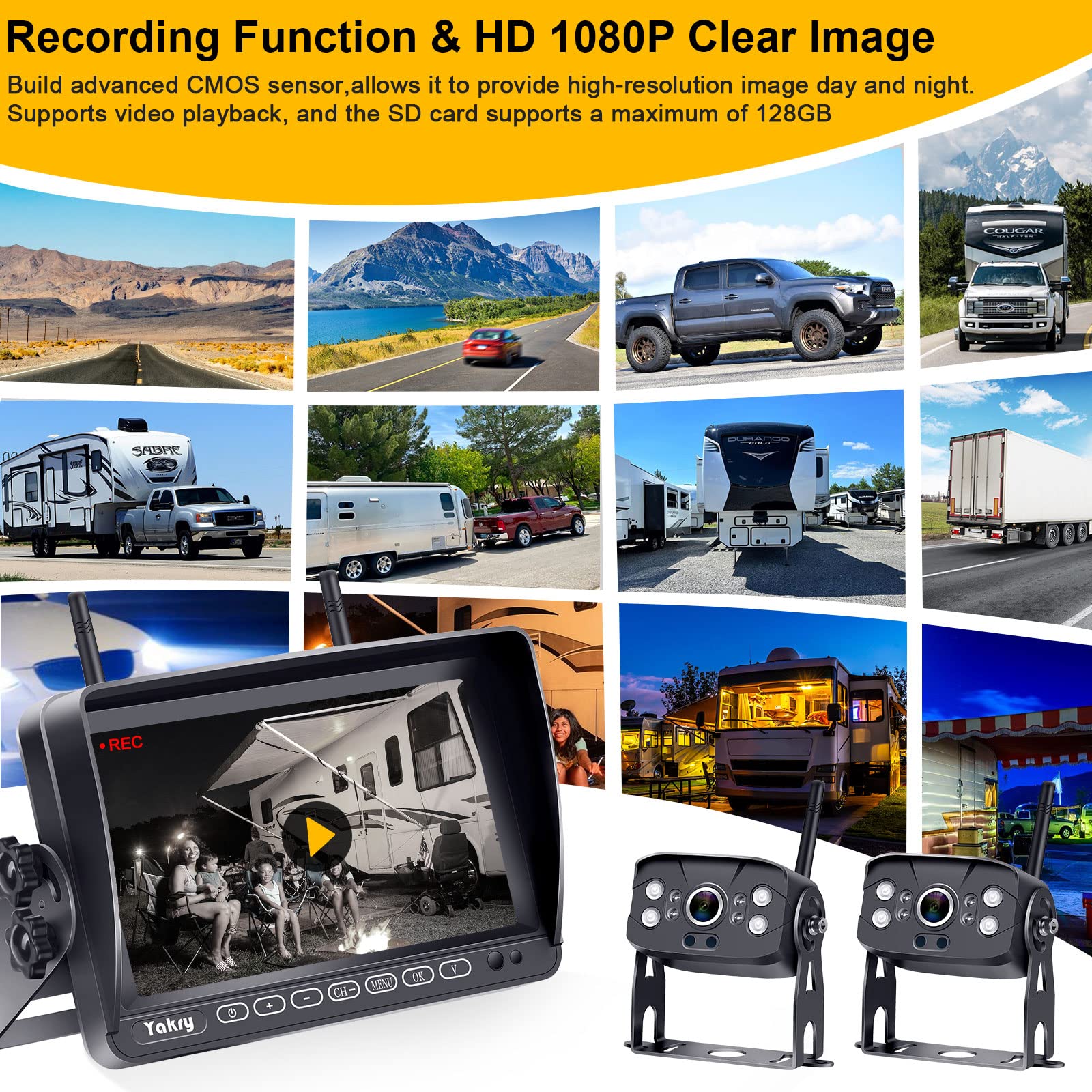 Yakry Y28-36 RV Backup Camera System - Wireless 1080P HD Recording with 7'' Touch Key Monitor, 2 Cameras, Night Vision & 4 Channels | Plug & Play Pre-Wired for Furrion System | Perfect for Trailers, Trucks & Motorhomes (Rear View Safety & Parking Assistance)