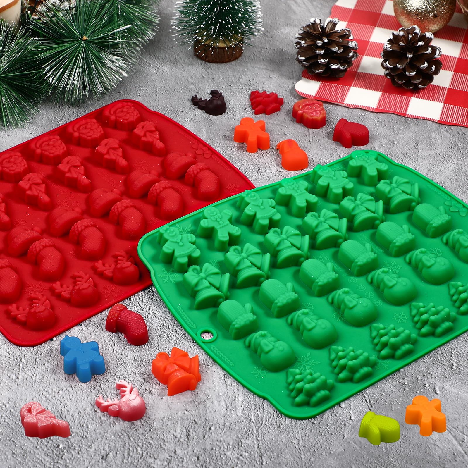 2-Piece 30-Cavity Christmas Candy Molds Set - Red & Green Silicone Gummy & Chocolate Molds for Holiday Baking, DIY Treats & Festive Desserts - Perfect for Christmas Parties, Gift Making & Seasonal Crafts