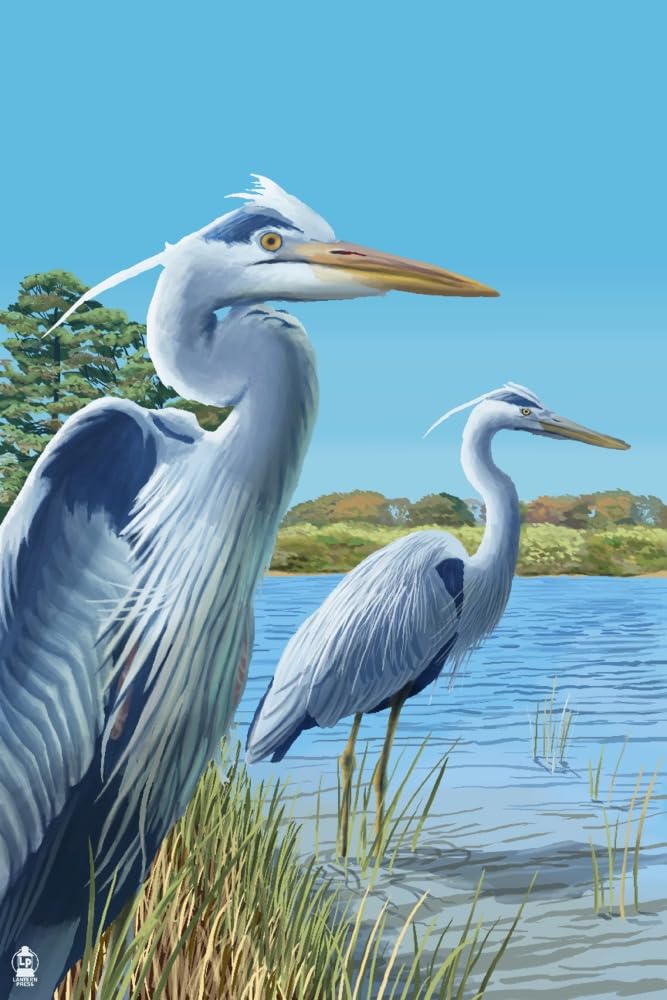 Blue Herons East Coast Wall Art - 16x24 Wrapped Canvas Print - Coastal Home Decor & Nature Wildlife Painting - Perfect for Living Room, Bedroom or Office Decoration
