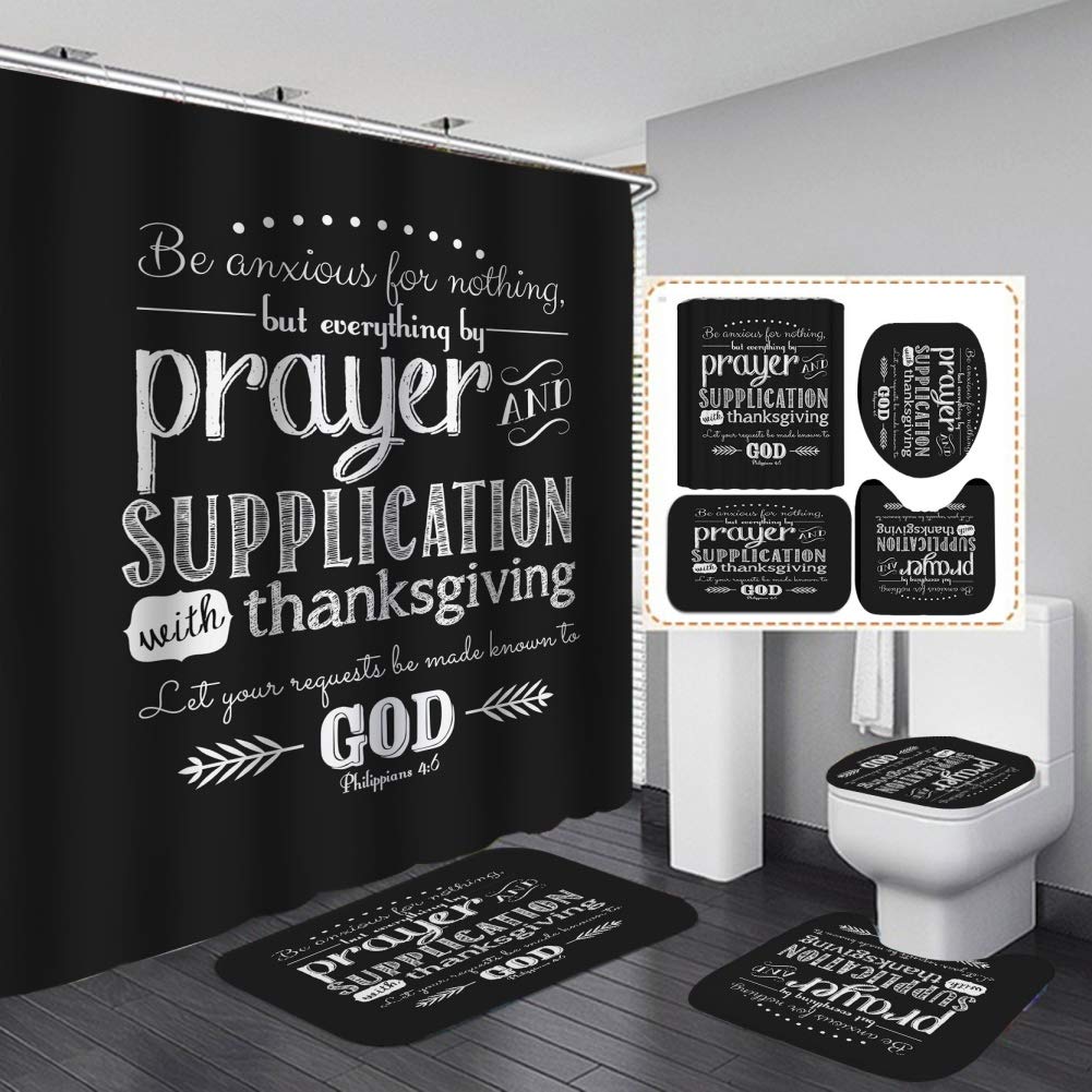 Bullpiano 4-Piece Motivational Quote Shower Curtain Set with Bath Rug - Waterproof Fabric with Hooks, Bible Verse & Scripture Decor for Bathroom, Home, Valentine's Gift (Perfect for Spa-Like Retreats & Inspirational Home Decor)