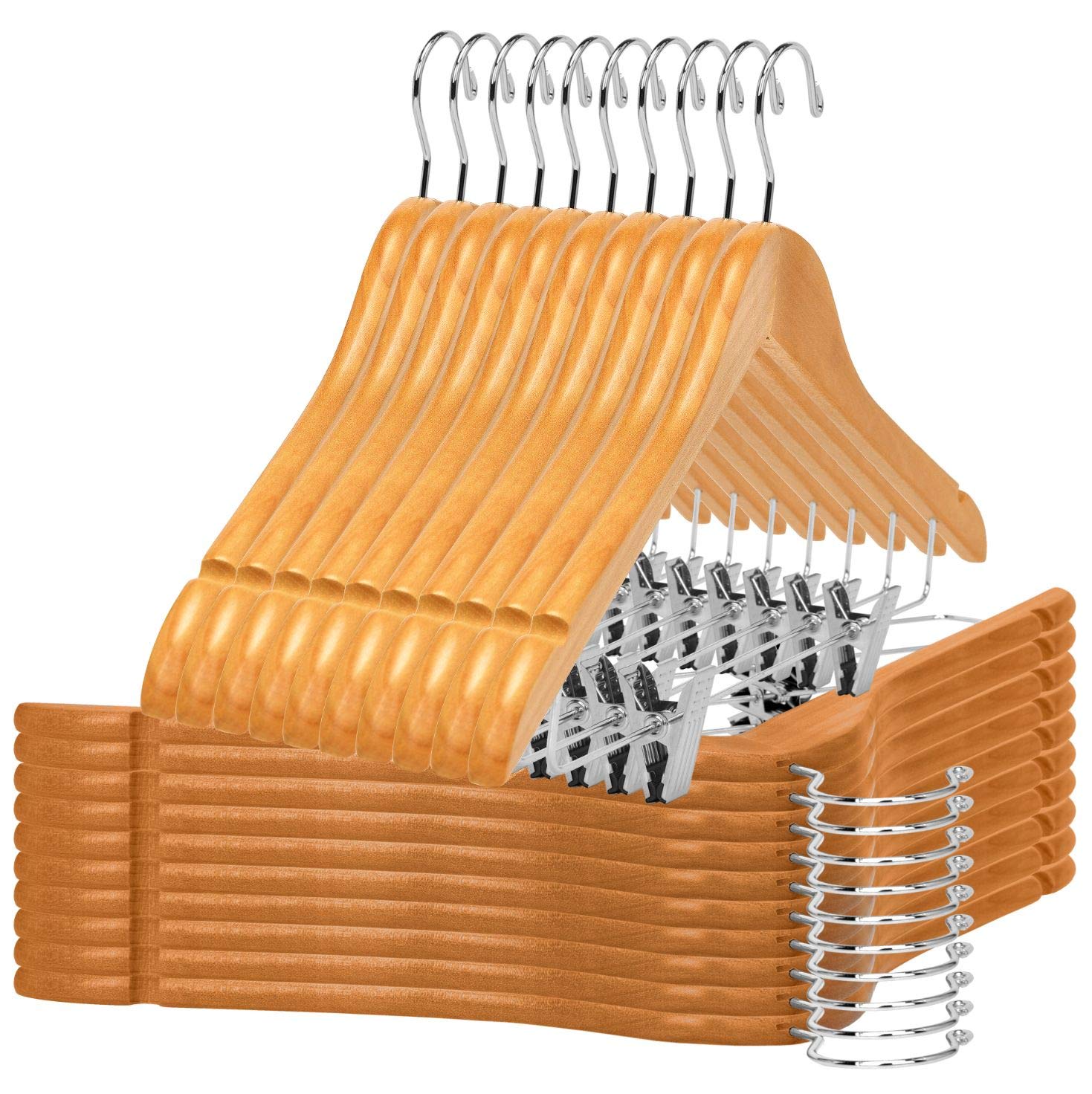 Premium 80-Pack Natural Wooden Skirt Hangers with Adjustable Chrome Metal Clips & Swivel Hook - Space-Saving Closet Organizer for Pants, Coats, Jackets, Blouses & Suits - Perfect for Home, Retail Stores & Dry Cleaning Businesses