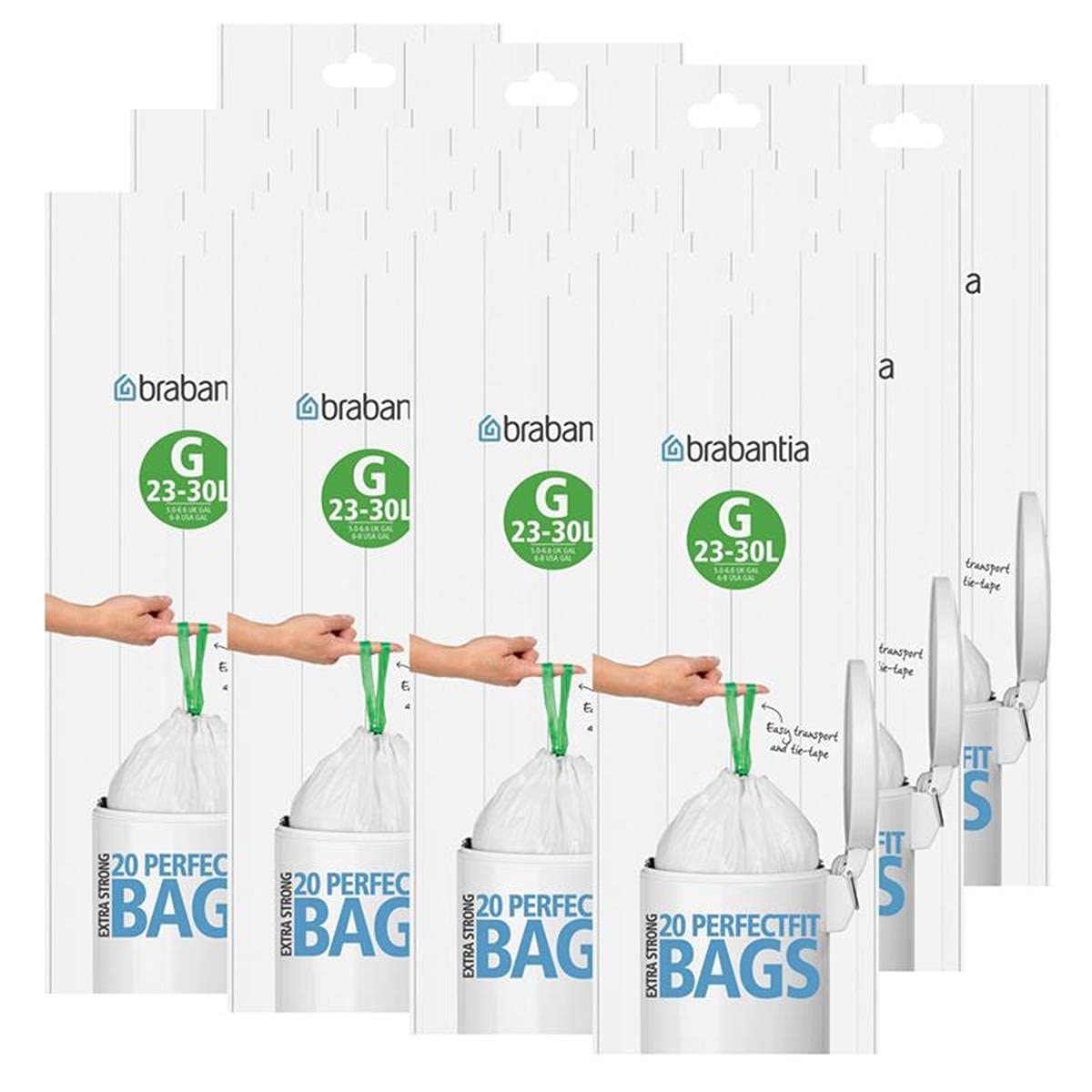 Brabantia 12 Rolls of 20 Type G 30 Litre Bin Liners - Heavy Duty Trash Bags for Kitchen, Bathroom & Office Waste Disposal
