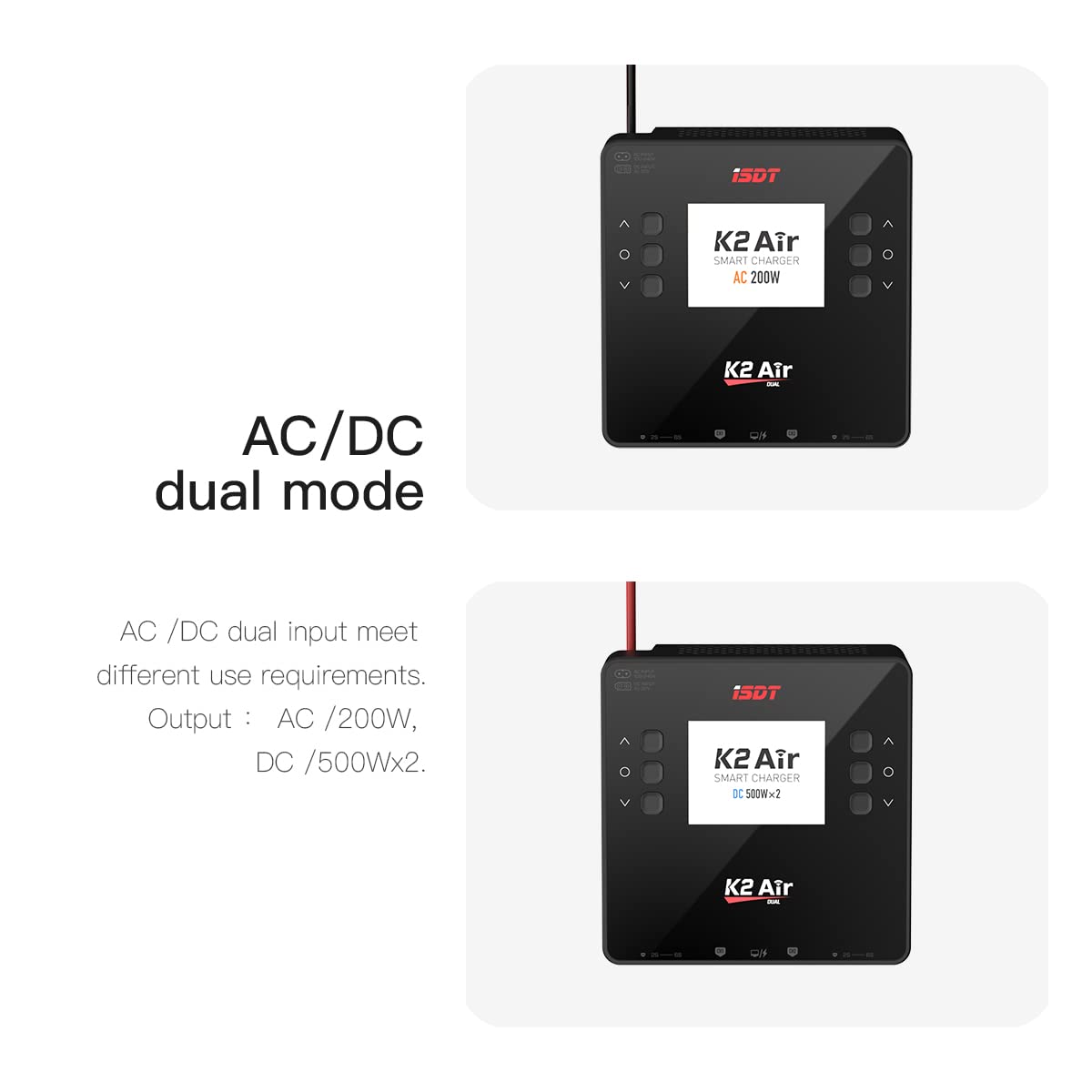 ISDT K2 Air 200W AC 500W DC Dual Channel Smart Battery Charger for RC LiPo LiHv NiMH - Bluetooth APP Control, LCD Display - Perfect for Drone, RC Car & Airplane Battery Charging